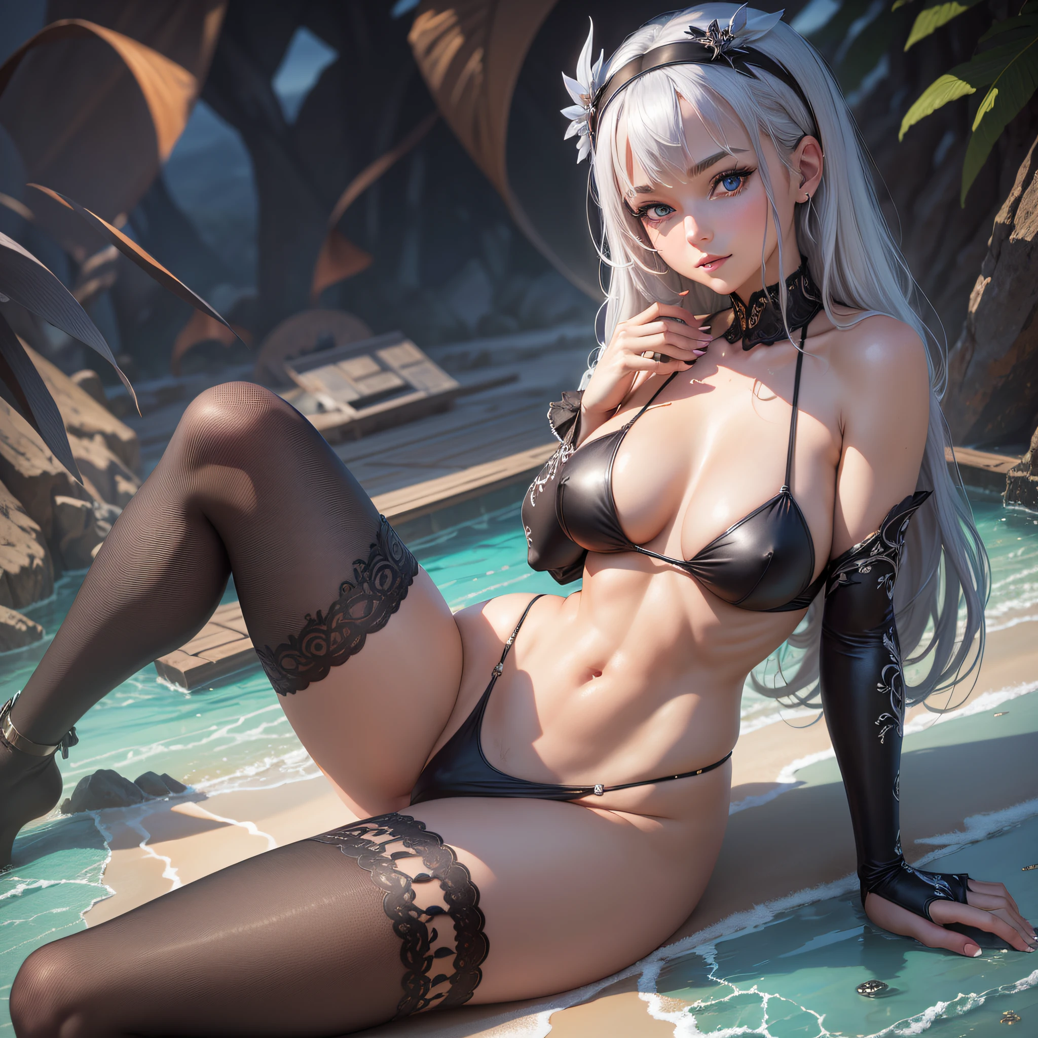 High quality, masterpiece, super detailed, high resolution, computer wallpaper, bare thighs, bare arms, bare navel, bare shoulders, bikini, hands on his chest, open legs, halo, hair accessories, black eye patch, silver hair anthropomorphic, full body, an extremely delicate beautiful girl, big blue eyes, flight attendant, seductive smile, 8K, seduction, black silk, red high heels, sitting on the beach, naked --auto --s2