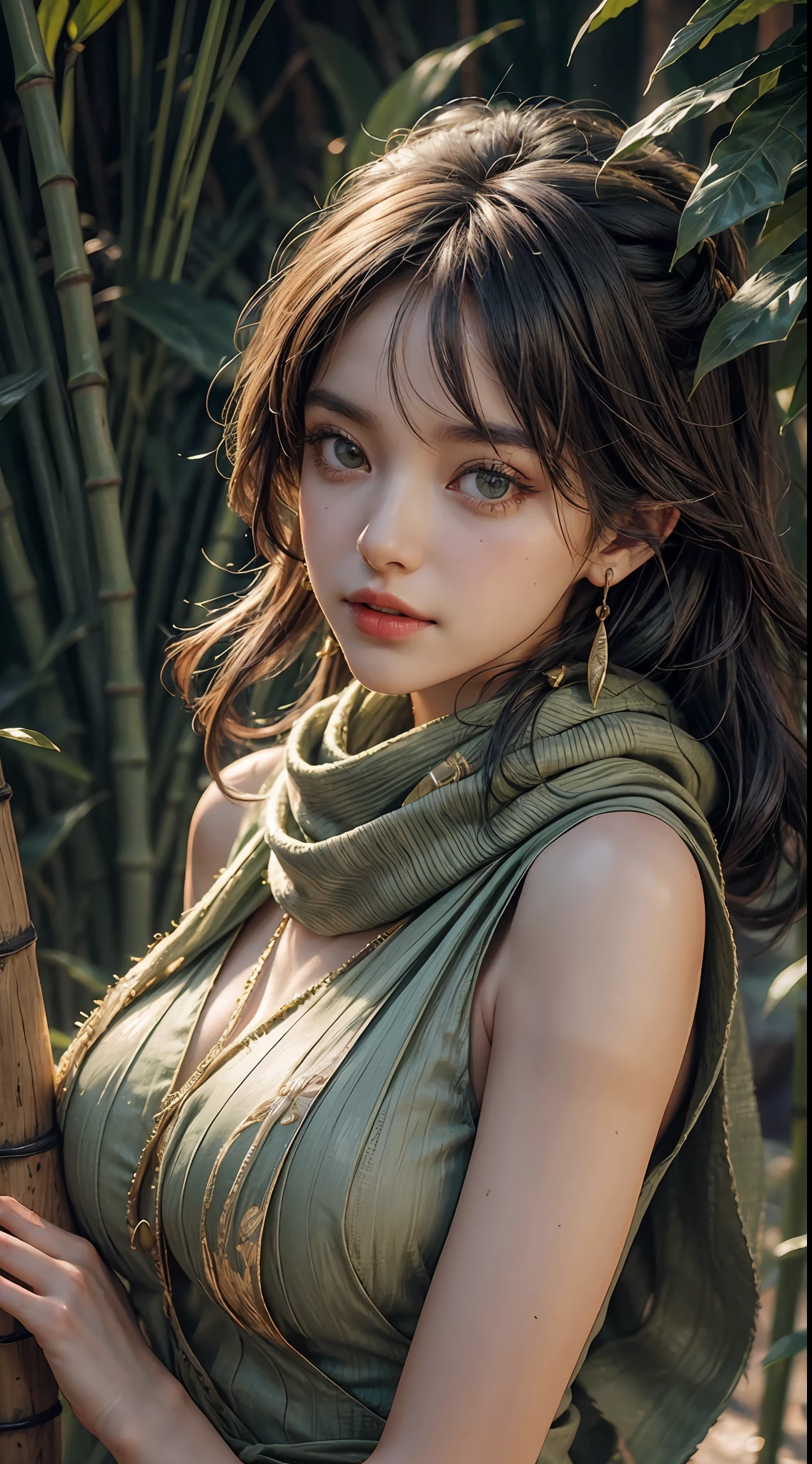 (RAW Photo, Best Quality), (Realistic, Realistic: 1.3), Best Quality, Highly Detailed, Masterpiece, Hyper Detail, Illustration, 1 Girl, upper_body, Dynamic Angle, World Mastery Theater, messy_long_hair, Best Quality, Extremely Detailed CG Uniform 8k Wallpaper, Ink, Breathtaking, Cinematic Light, lens_flare, gufeng_style, Fantastic Big Eyes, Green Clothes, (Heavy makeup: 1.2), exotic, desert, (laughs: 1.2), (gold leaf), monstera, bamboo, scarf floats up, Sony main shot