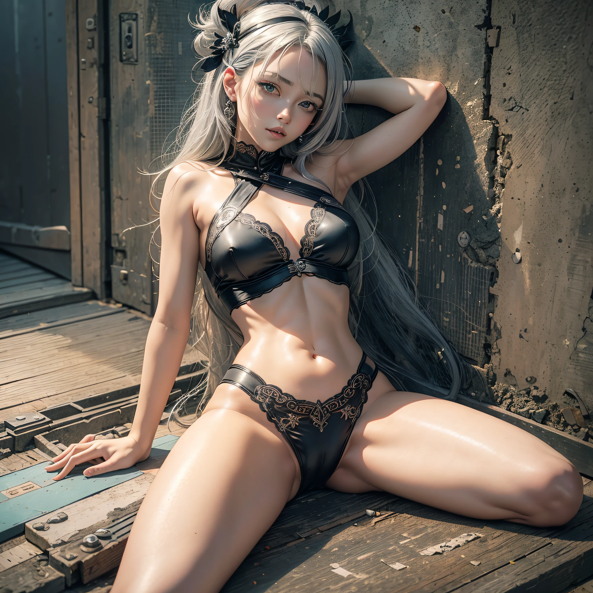 Best quality, highly detailed, masterpiece, high resolution, bare thighs, bare arms, bare navel, bare shoulders, dress, hands on their chest, open legs, sunset, halo, hair accessories, black eye patch, silver hair, full body, an extremely delicate beautiful girl, light_leaks, anime face, bright_eyes, seductive smile, 8K, seduction, black silk, against the wall --auto --s2