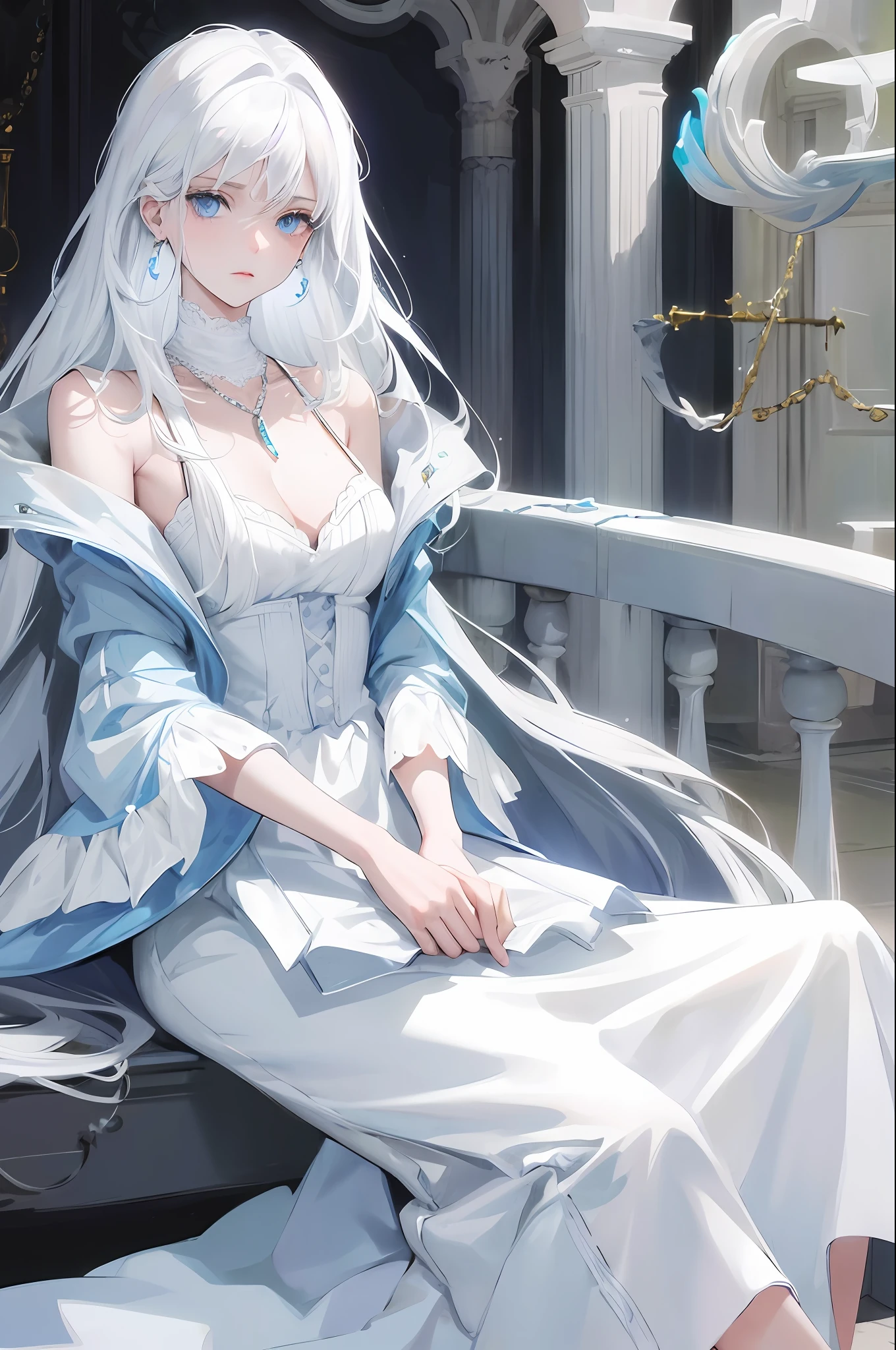 Highest quality, girl, single, long white hair, blue eyes, women's necklace, women's stud earrings, white dress, perfect facial features, a person sitting alone in the corner, his face is gloomy, and he seems to be thinking about something