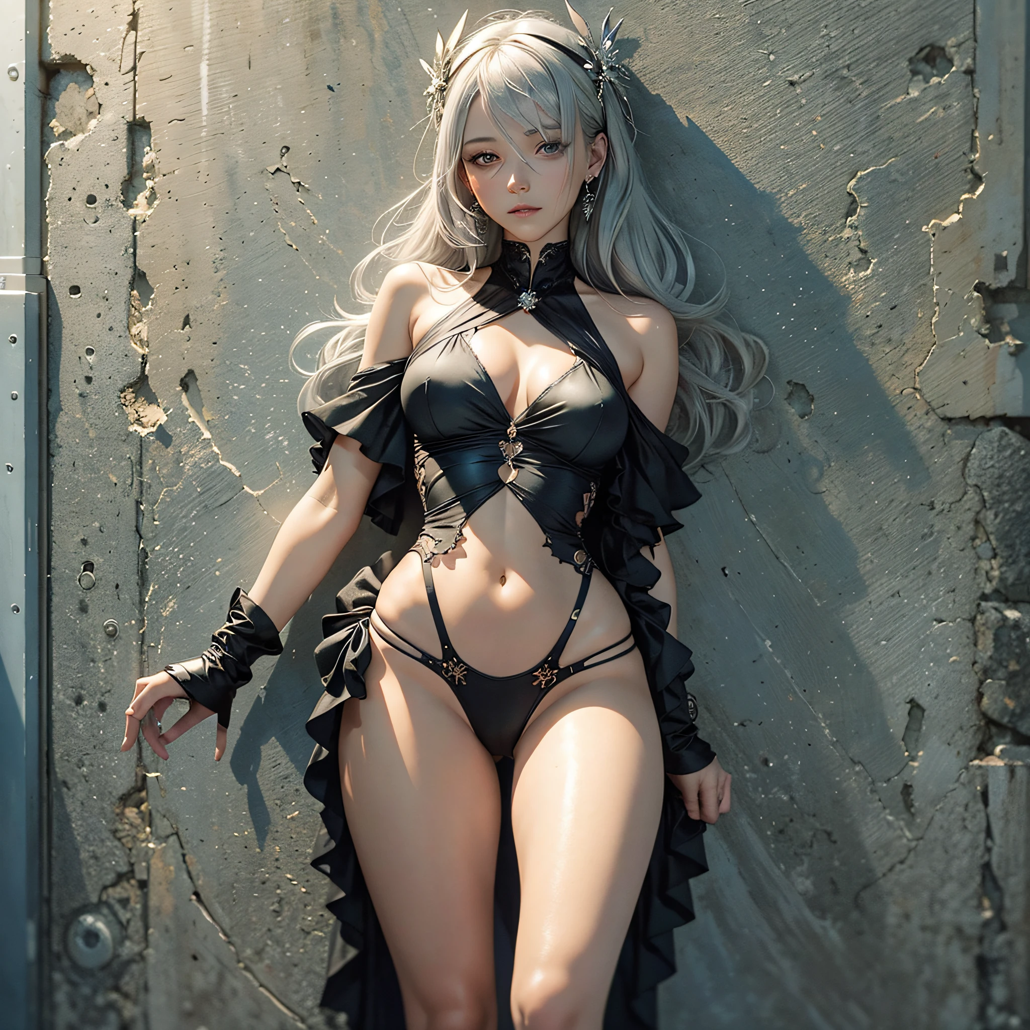 Best quality, highly detailed, masterpiece, high resolution, bare thighs, bare arms, bare navel, bare shoulders, dress, hands on their chest, open legs, sunset, halo, hair accessories, black eye patch, silver hair, full body, an extremely delicate beautiful girl, light_leaks, anime face, bright_eyes, seductive smile, 8K, seduction, black silk, against the wall --auto --s2