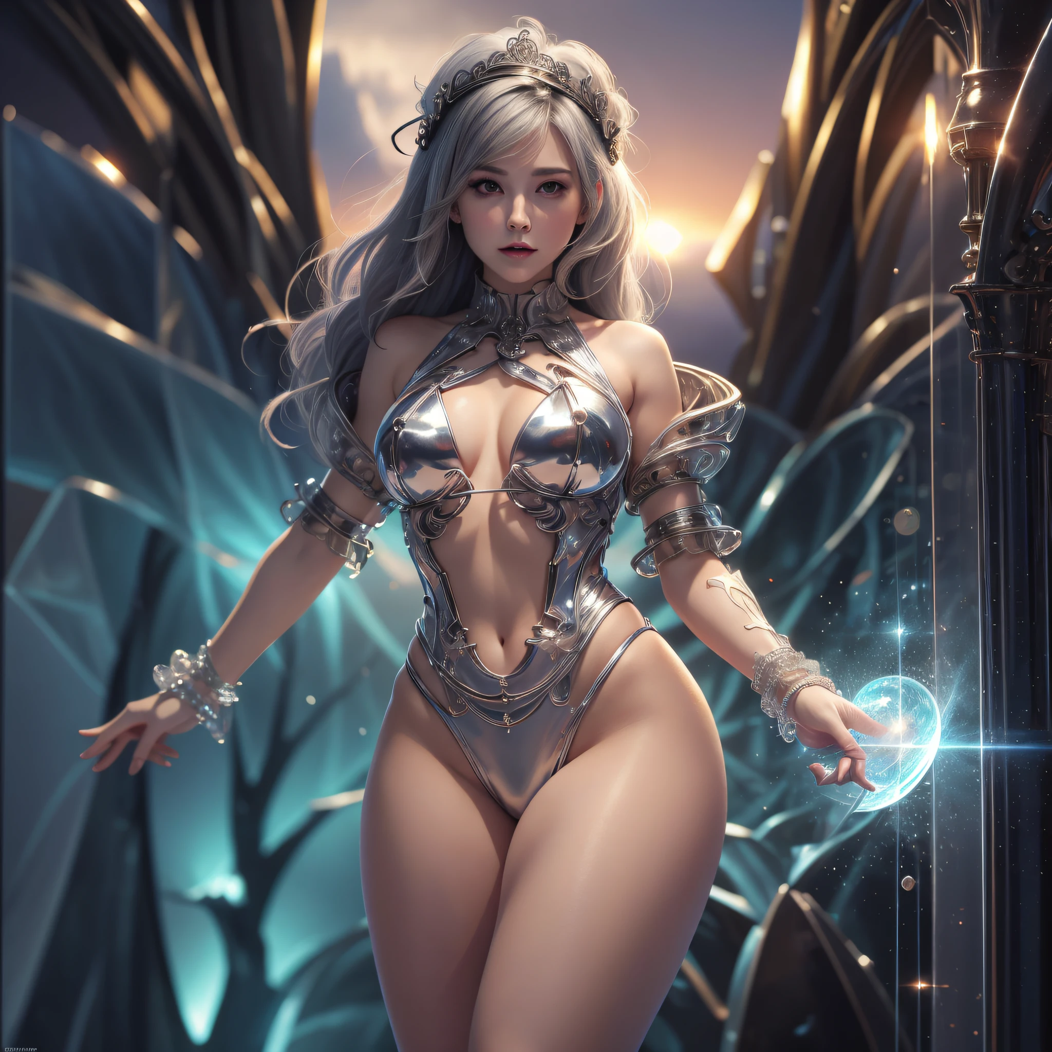 Best quality, highly detailed, masterpiece, ultra-detailed, high resolution, absurd, incredibly_absurdres, huge_filesize, wallpaper, bare thighs, bare arms, bare navel, bare shoulders, dress, bikini, hands on their chest, open legs, sunset, halo, hair accessories, black eye patch, silver hair, comics, reality, anthropomorphic, girl, an extremely delicate and beautiful, full body, an extremely delicate and beautiful girl, very detailed, light_leaks, anime face, bright_eyes, queen, flight attendant, seductive smile, 8K --auto --s2