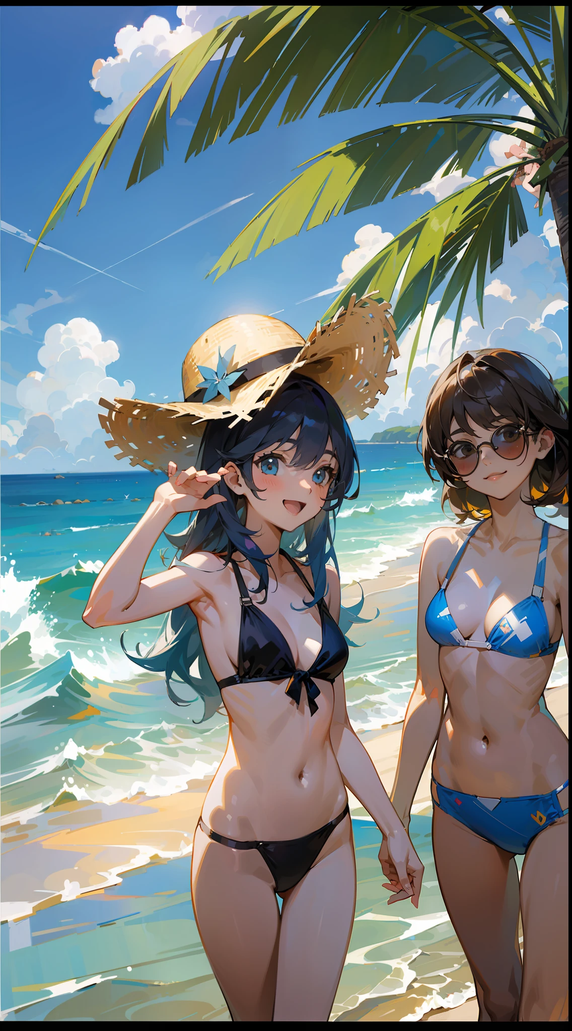 Masterpiece, best quality, 3 girls playing on the beach, clouds, sun, clean blue sky, smile, having fun, sunglasses