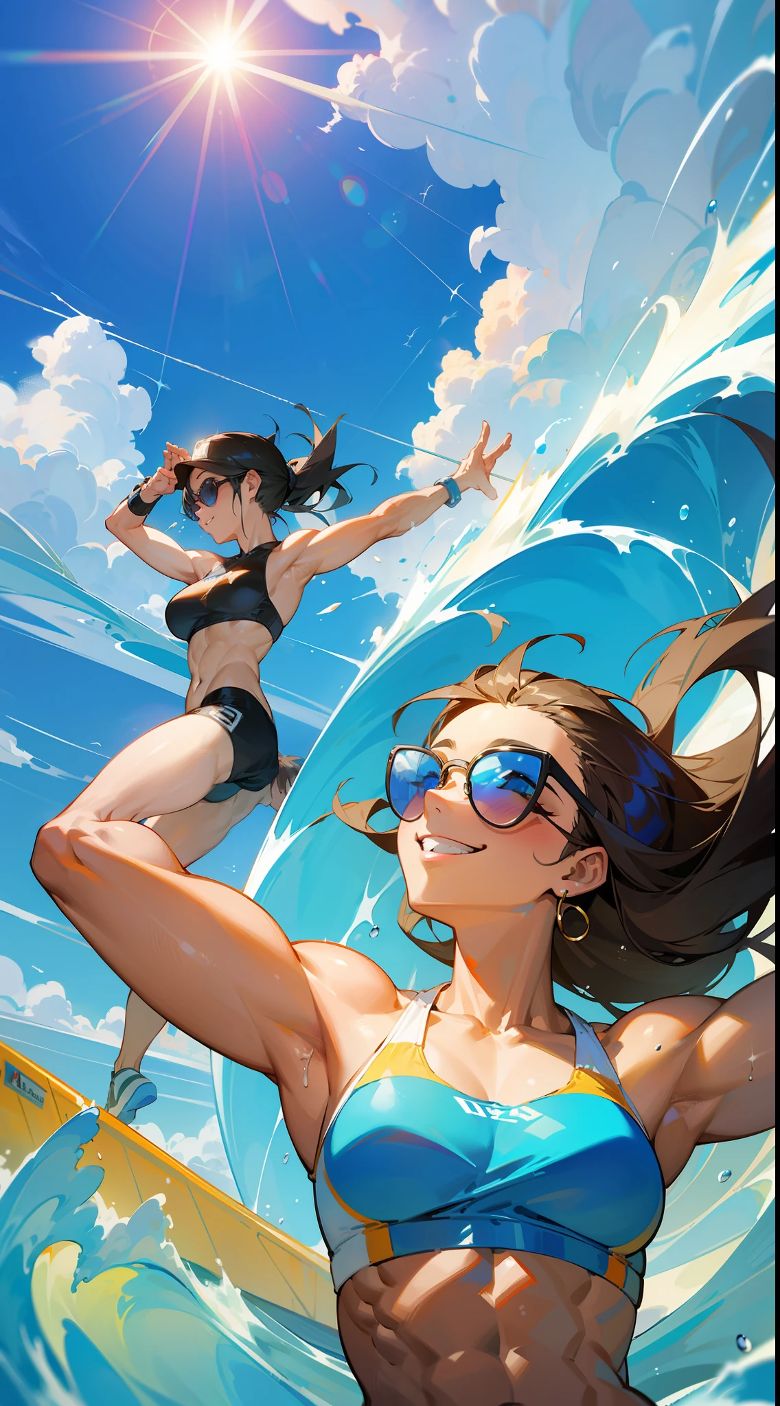 Masterpiece, best quality, 3 bodybuilding girls in surfing, clouds, sun, clean blue sky, smile, having fun, sunglasses