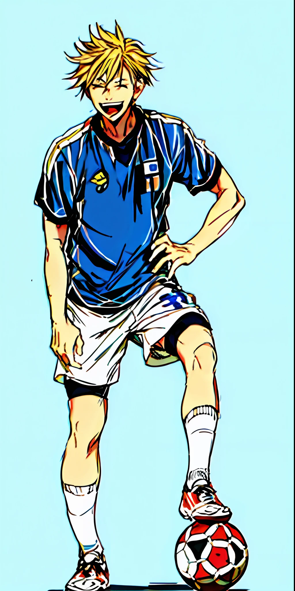 anime, blonde hair, open mouth, happy, blue jersey uniform, blue japan nation soccer jersey kits, soccer, Japanese flag on chest, white pants, ball, shoes, sock, simple background