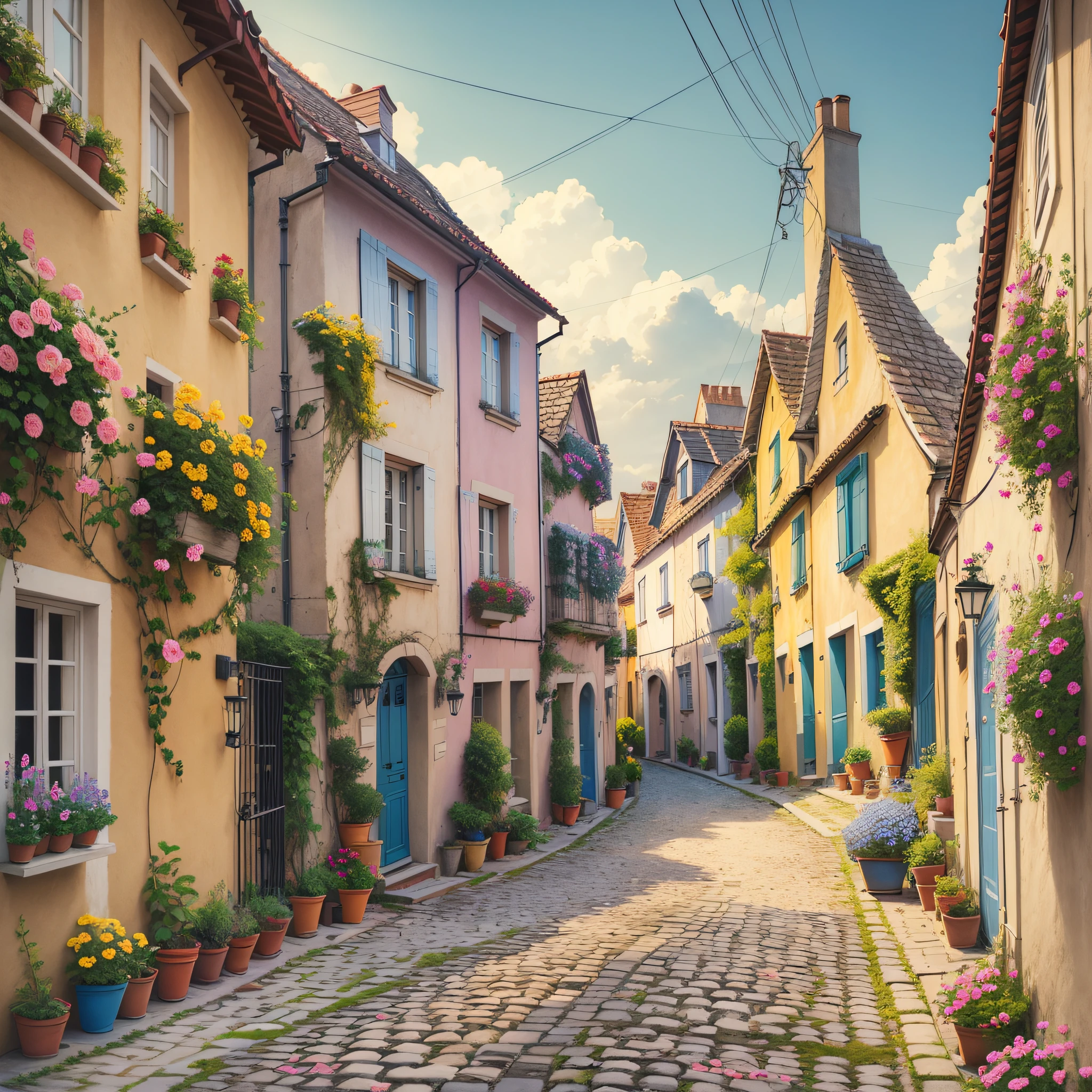 Make a sketch of an old colourful house, let it look like a drawing with colour pencils, make it French looking , romantic setting with flowers around and all in a narrow cobbled street --auto --s2