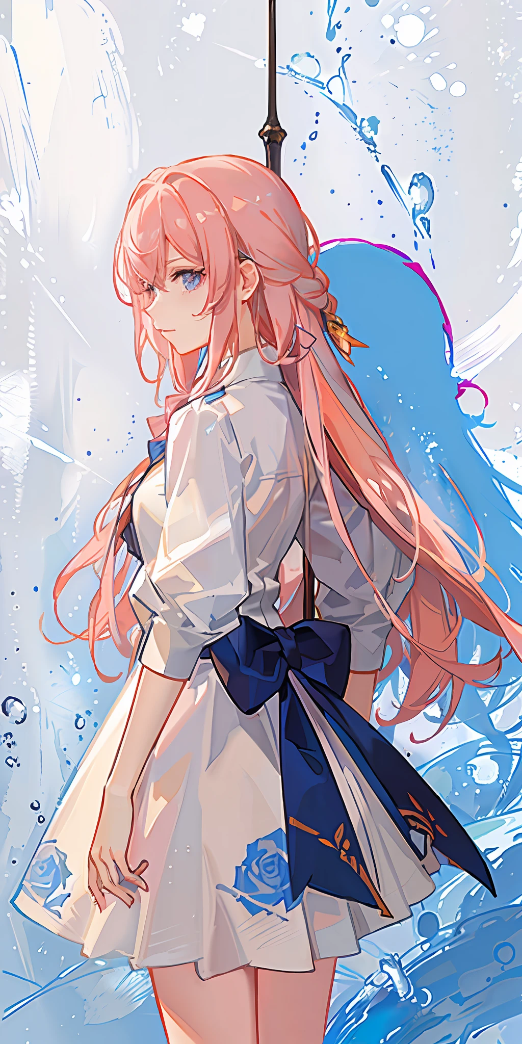 (Golden Ratio: 1.2), (Rose Graffiti: 1.2), (Fault Color: 1.3) Masterpiece, Girl, Pink Hair, Long Hair, Greatsword, Medallion, Cute