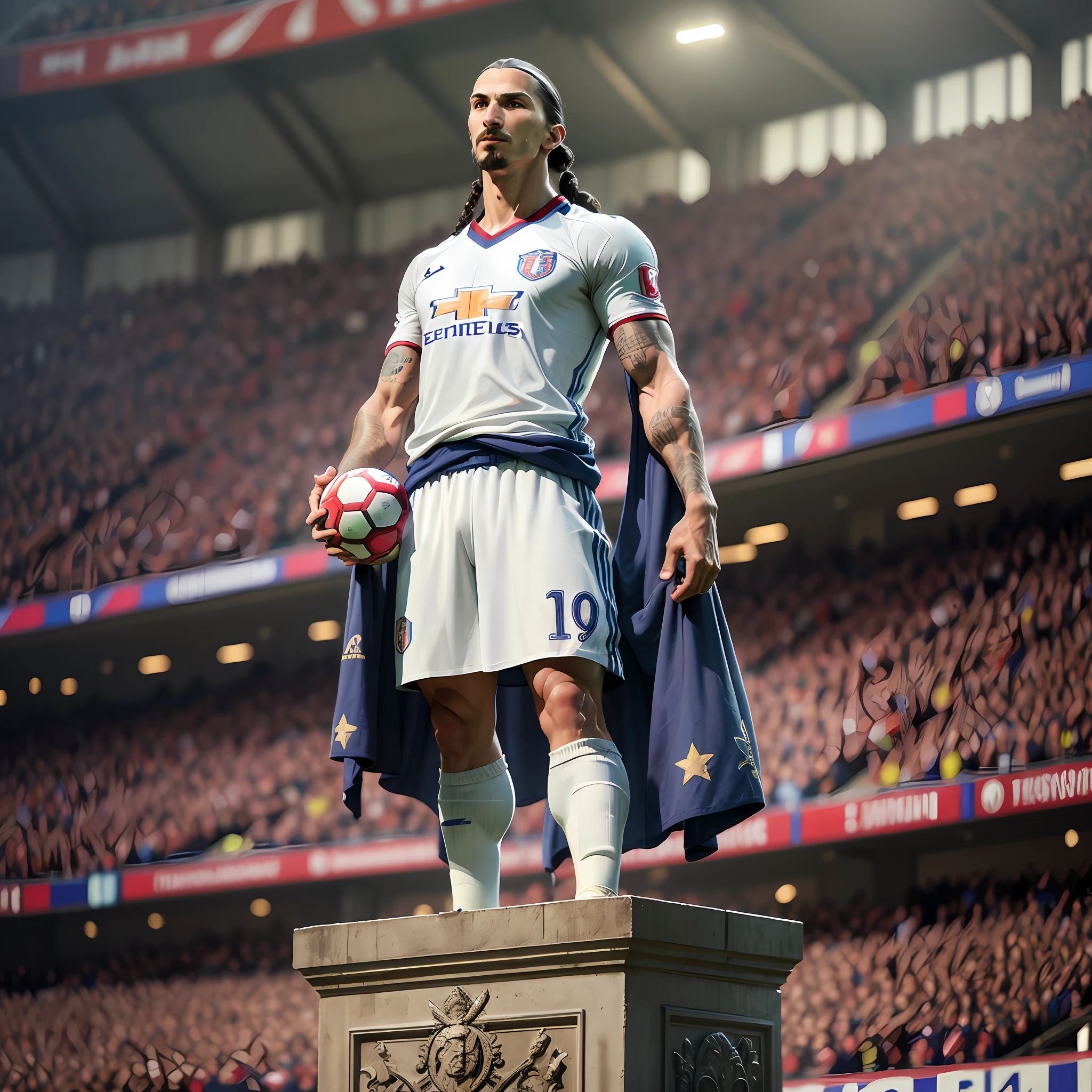 Footballer, Ibrahimovic, stands above the pitch, hands raised, eyes looking down at the faithful on the pitch below, and a statue of Jesus flashes behind him. The faithful also raised their hands and shouted for their lives. --auto --s2