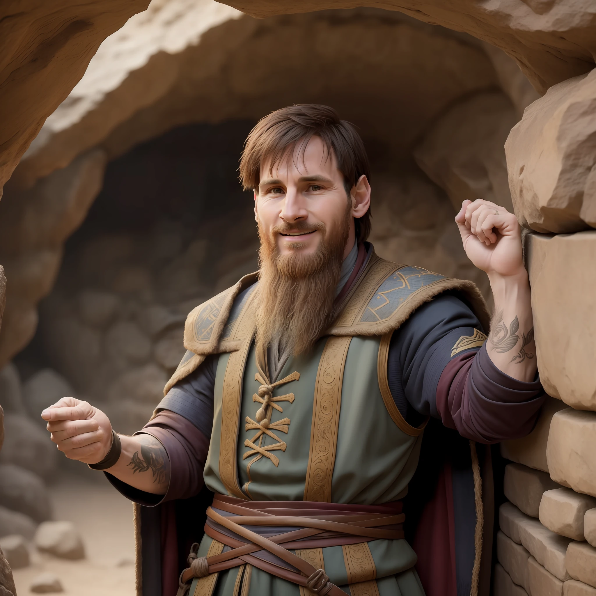 Lionel Messi is a hobbit in a cave, he is in medieval clothes, smiling, bearded, blurred background, cinematic light, 4K, super realistic, details, best quality, UHD