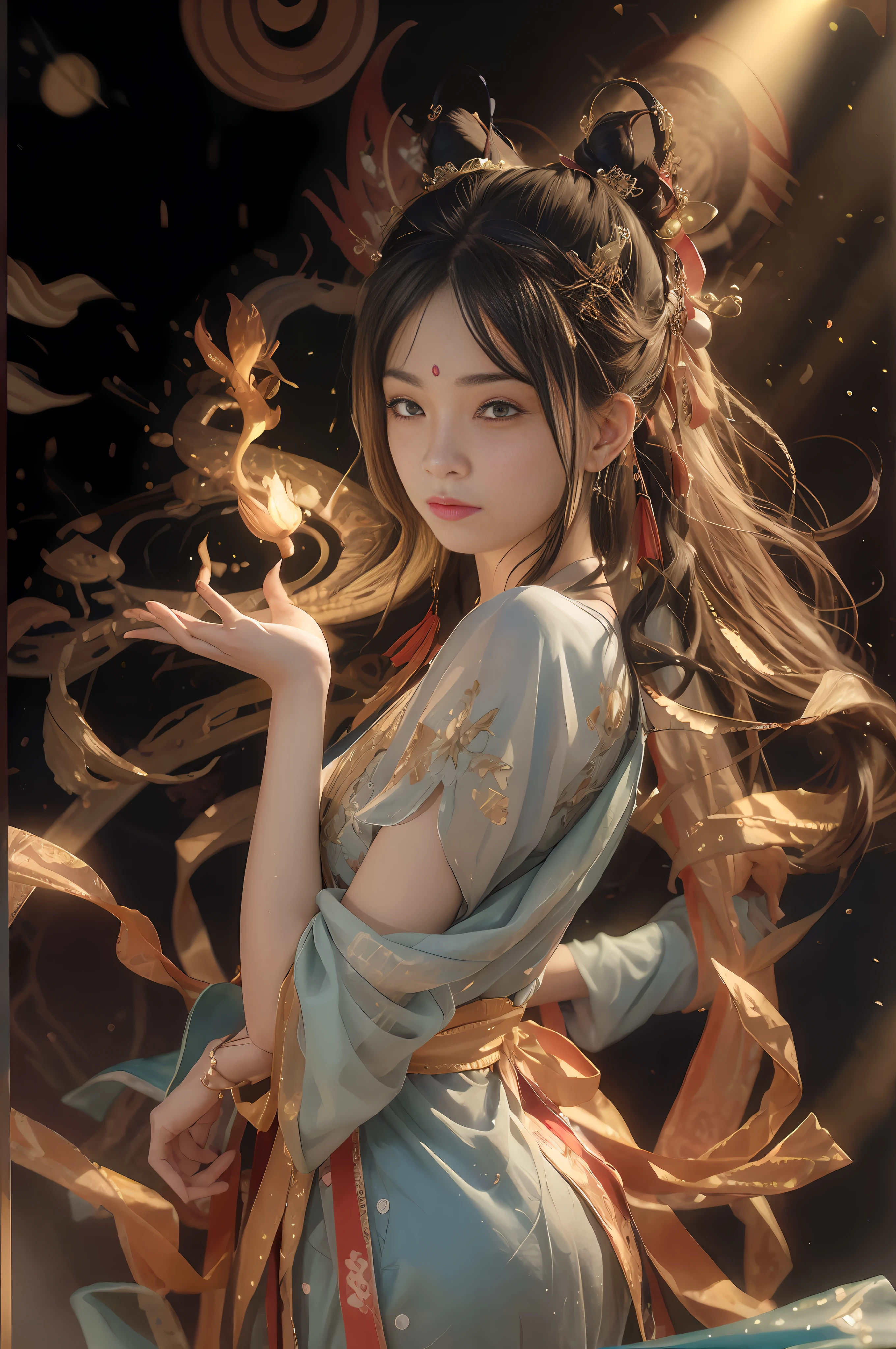 (RAW photo, best quality), (realistic, photo-realistic:1.3), best quality, highly detailed, masterpiece, ultra-detailed, illustration, 1girl, upper_body, dynamic angle, world mastery theater, messy_long_hair,best quality, extremely detailed CG unity 8k壁纸，墨水，惊人，电影灯光，lens_flare，dunhuang_style，鹅蛋脸型，淡妆，中式印花