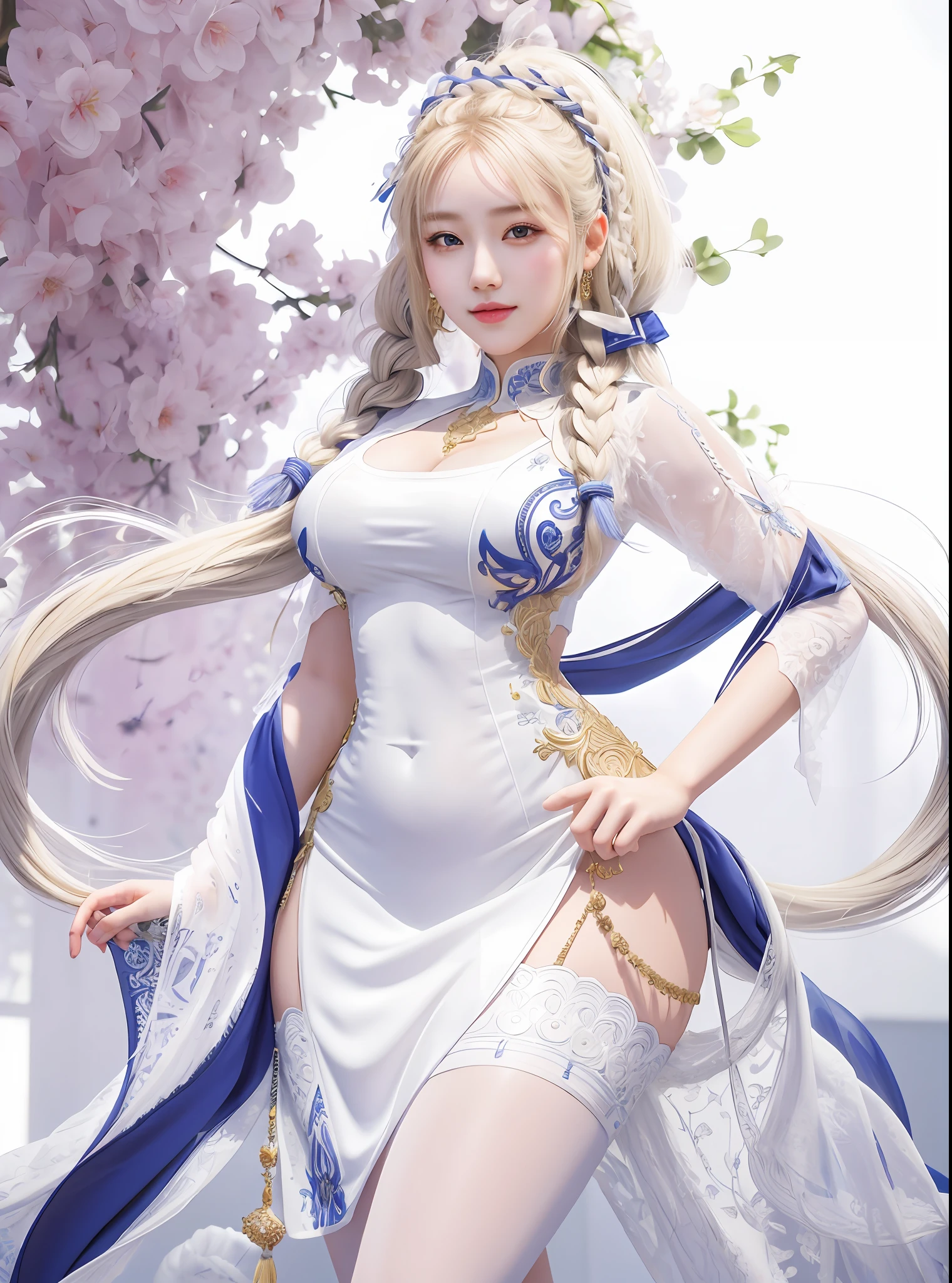 An Idol k-pop girl, cute girl, sexy girl, white braid hair, intricate face details, detailed face, golden ratio face, big breast, big butt, big hip, big thighs, full body, 64K, UHD, HDR, high quality, high detailed, hyper detailed, extremely detailed, photo realistic, ultra realistic, art photo, clarify the details, detailed parts body, intricate artwork masterpiece, trending on artstation, light smile