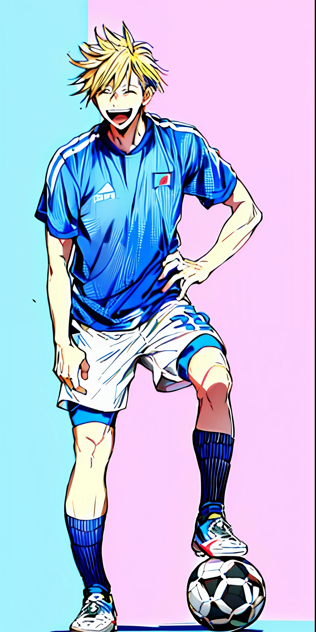 anime, blonde hair, open mouth, happy, blue jersey uniform, blue japan nation soccer jersey kits, soccer, Japanese flag on chest, white pants, ball, shoes, sock, simple background