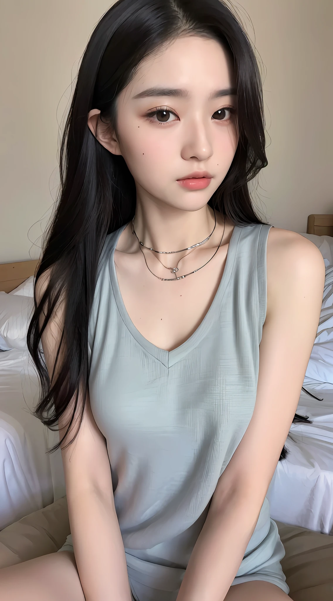 ((Top quality, 8k, Masterpiece: 1.3)), beauty, hidden face, 1 girl, beauty: 1.3, slender abs: 1.1, camisole vest, long black hair, (sitting on bed), ultra-detailed face, highly detailed lips, detailed eyes, double eyelids, collar, lewdness, flushed complexion,