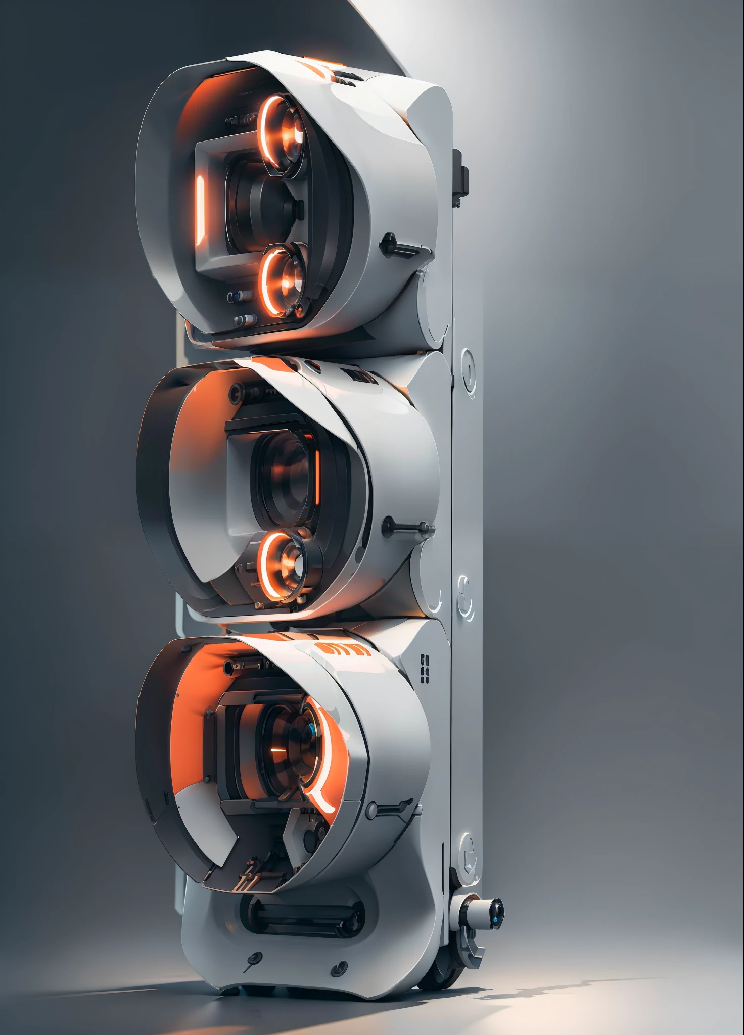 a white plastic producr design of traffic lights with three orange lights, (masterpiece), (best quality), photorealistic, 8k raw photo, ultra high res, mechanics, mechanical parts, product photo, studio shot, complex lighting, dark grey background studio