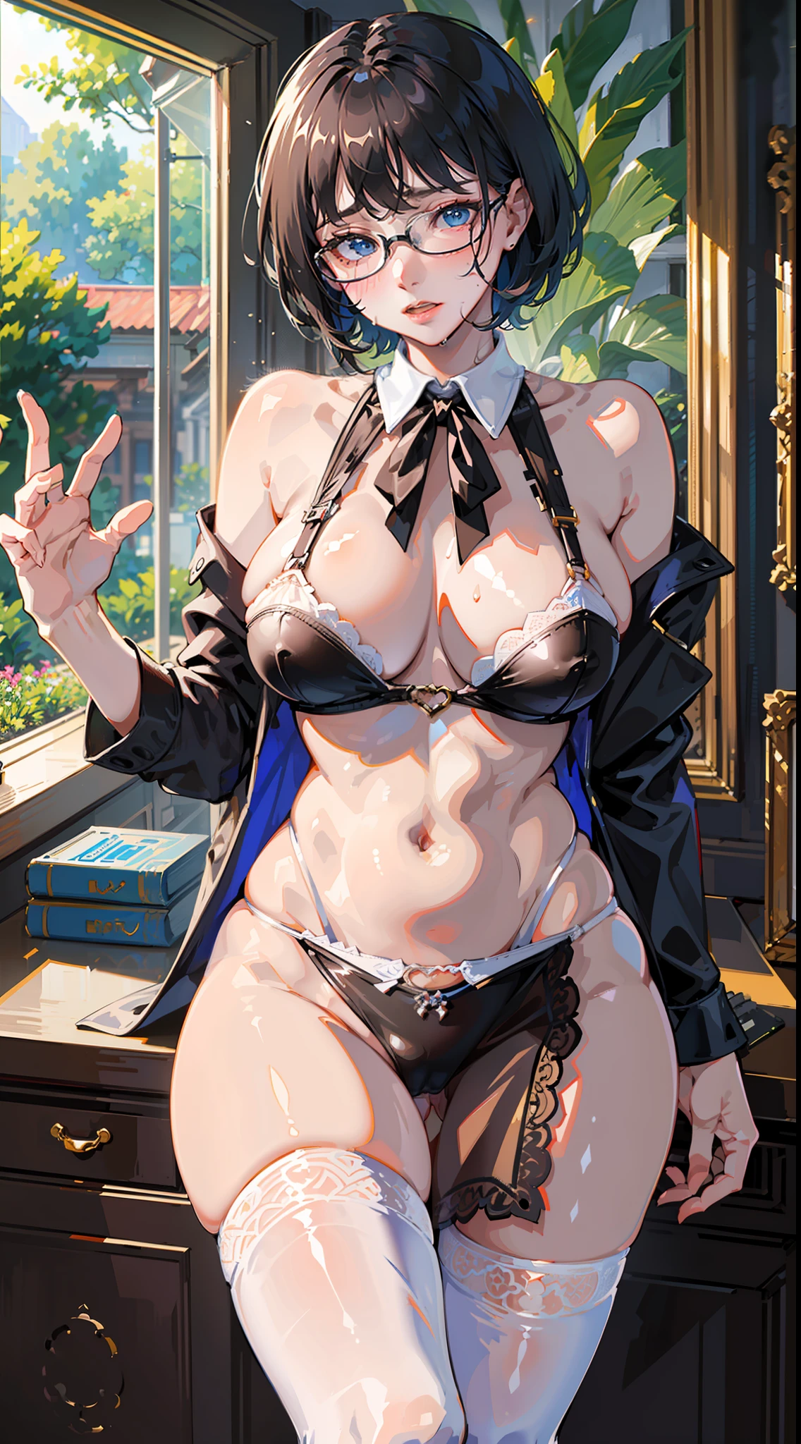 ((masterpiece)), ((best quality)), (ultra-detailed), lovely, ((sexy)), (ero), ((extremely detailed)), 4K, (8K), best quality, (beautiful),
1Lady, beautiful blue eyes, beautiful black short hair, glasses,
office, desk, Sexy posing,
open-button shirt, tight skirt, stockings,
(White bra), ((White panties, cameltoe)),
buttocks, large breast, sweaty, wet body, navel out, thighs out, slim, slender, ribon, ashamed, blush, translucent body, Transparent, shiny-glistening, gleaming,