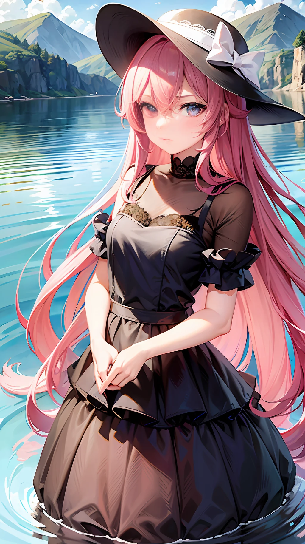 On the calm lake, the slight waves gently floated, and a maiden standing in front of such a beautiful scenery. She has pink silk-like hair, slowly floating in the air, elegant eyes as pure as water, nose very pure, mouth as small as cherry, and frowning brows showing her coldness but elegance and temperament. There is also a brown visor hat on top of the hair, which goes well with the long pink hair. Wearing a black dress, there are a few fluffy balls on the dress, and there is a circle of lace at the hem, which is beautiful and looks small and delicate