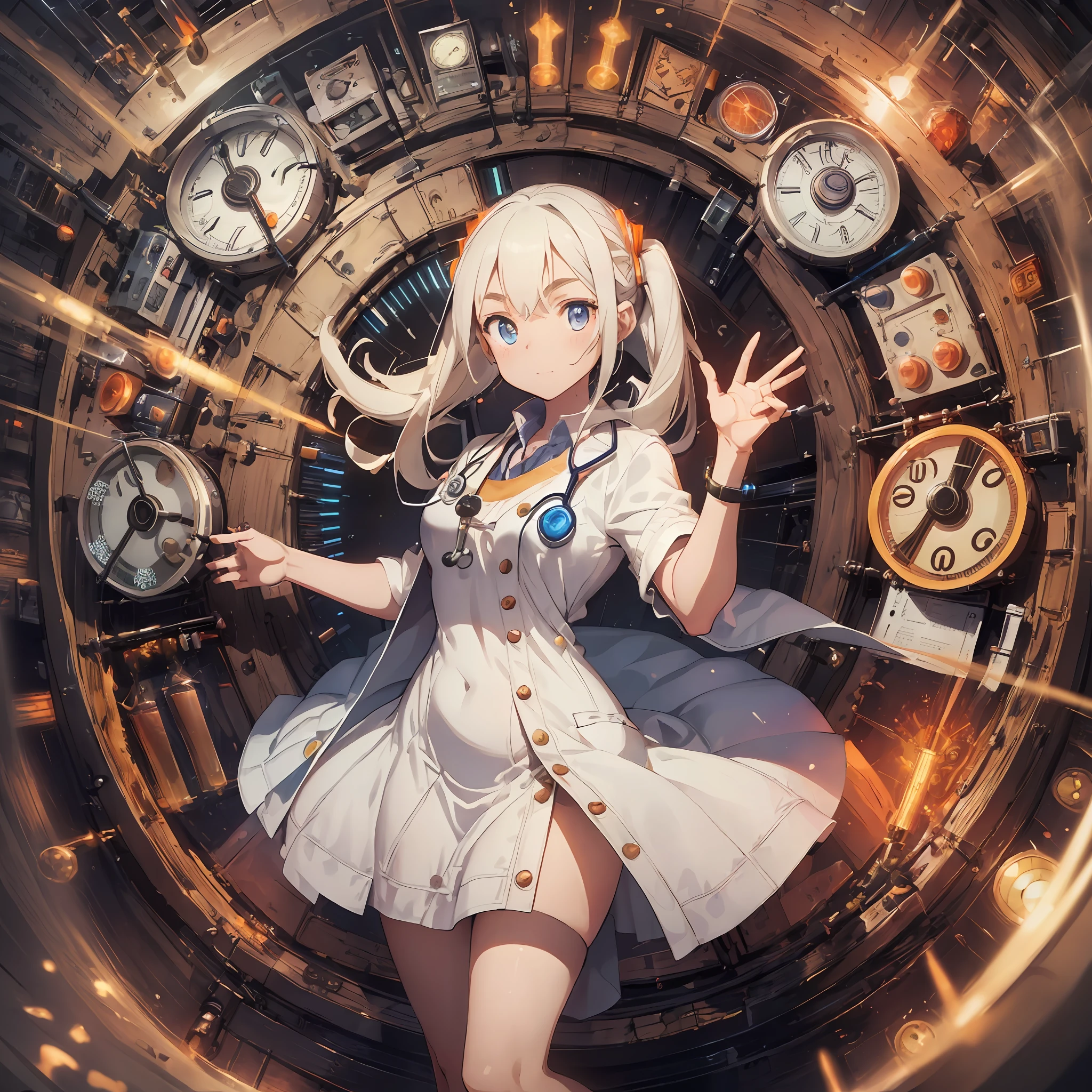 (Nixie tube clock in hand:1.4), ((doctor's) white gown:1.6), (Nixie tube clock with glowing orange numbers: 3.2), (Divergence meter: 3.0), cinematic lighting, oversized doctor coat, rabbit ears, thick eyebrows, eye sun, small, pigtails, beautiful blonde, braid, ( masterpiece), ((highest quality)), (super detailed), full body anime girl, clean and detailed face, high resolution and beautiful eyes, five fingers, textile shading, perfect human body structure, perfect anatomy,