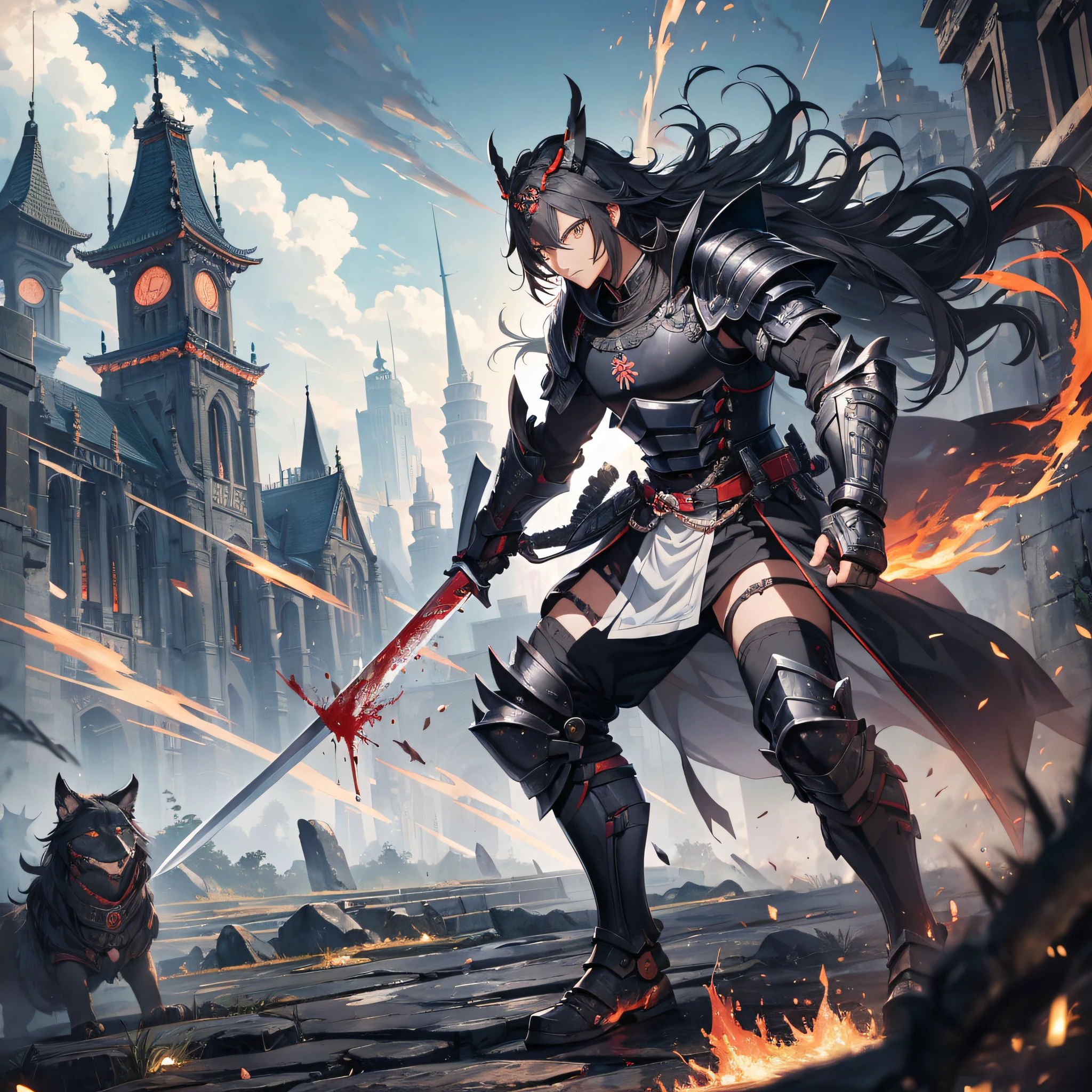 Absurd resolution, high resolution, (masterpiece: 1.4), hyperdetail, ancient Chinese, black long-haired young man (1.3), armored samurai in black armor, wielding sword, blood, fighting, standing on ancient city walls (1.3), dusk, fire