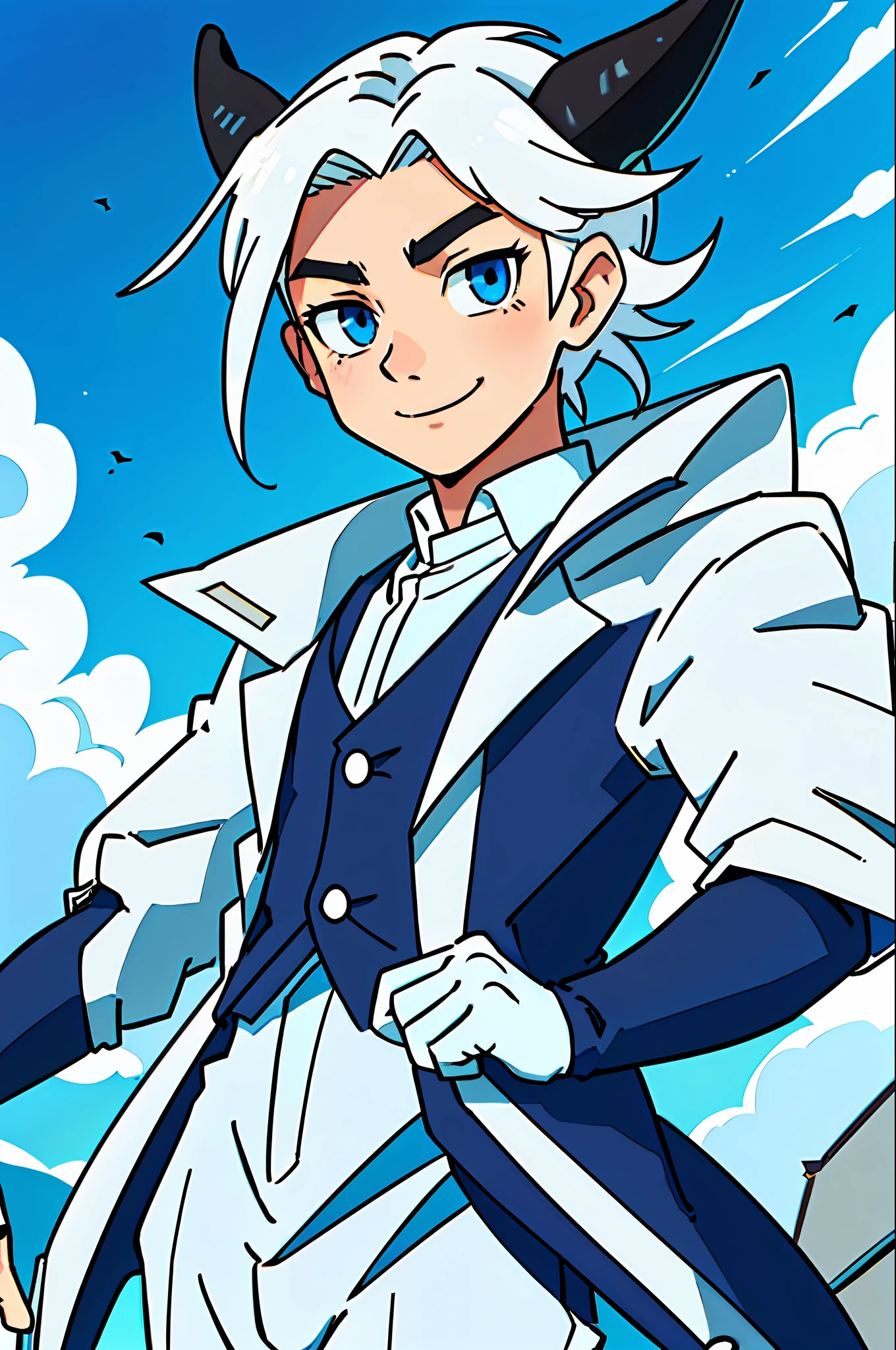 (Best Quality: 0.8), (Best Quality: 0.8), Perfect Anime Illustration, Ultra-fine Animation, Analog Style, Very Beautiful Male Salesman, (Sheep Horns Extending from the Head: 1.3), Highly Detailed Beautiful Face and Eyes, Look Viewer, Smile, Cowboy Shot, Beautiful White Hair, Solo, Dynamic Angle, Beautiful Detailed Business Suit