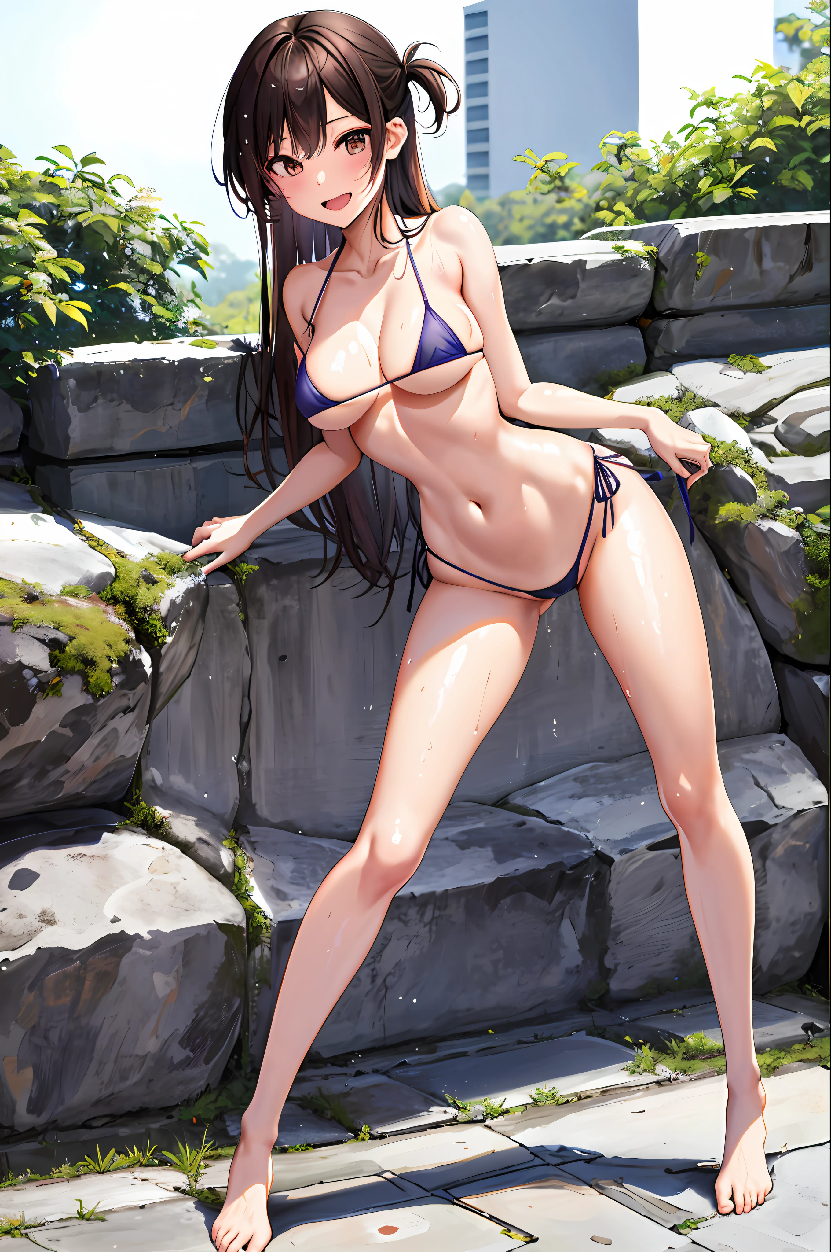 Ebijin, Top Quality, Hi-Res, Kai 1, Girl 1, One Side Up, Solo, Navel, Clavicle, Side Tie, Big, Bangs, Cleavage, Beat, Smile, Open Mouth, WET, SSEE, Full Body, (Micro Bikini: 1.4), NSFW, Beautiful Legs, Slim Body, Thin Waist, Stand