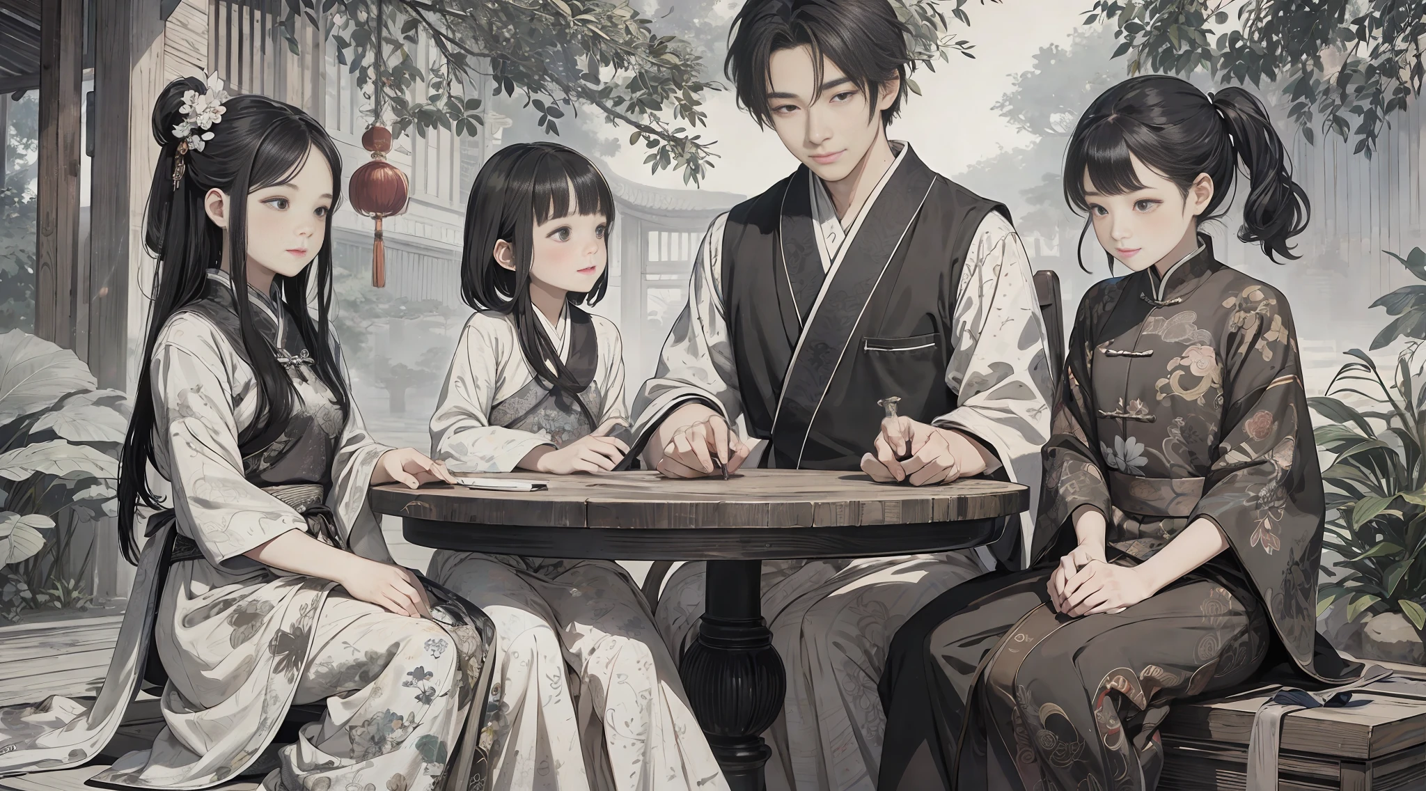 {{masterpiece, best quality, extremely detailed CG, unity 8k wallpaper, cinematic lighting}}, traditional Chinese ink painting,
traditional Chinese ink painting, 2 girls, 1boy, 2 women and a 1 boy sitting on a bench, aunt mother and son, with child, innocent boy, smiling mother and aunt, happy family,
