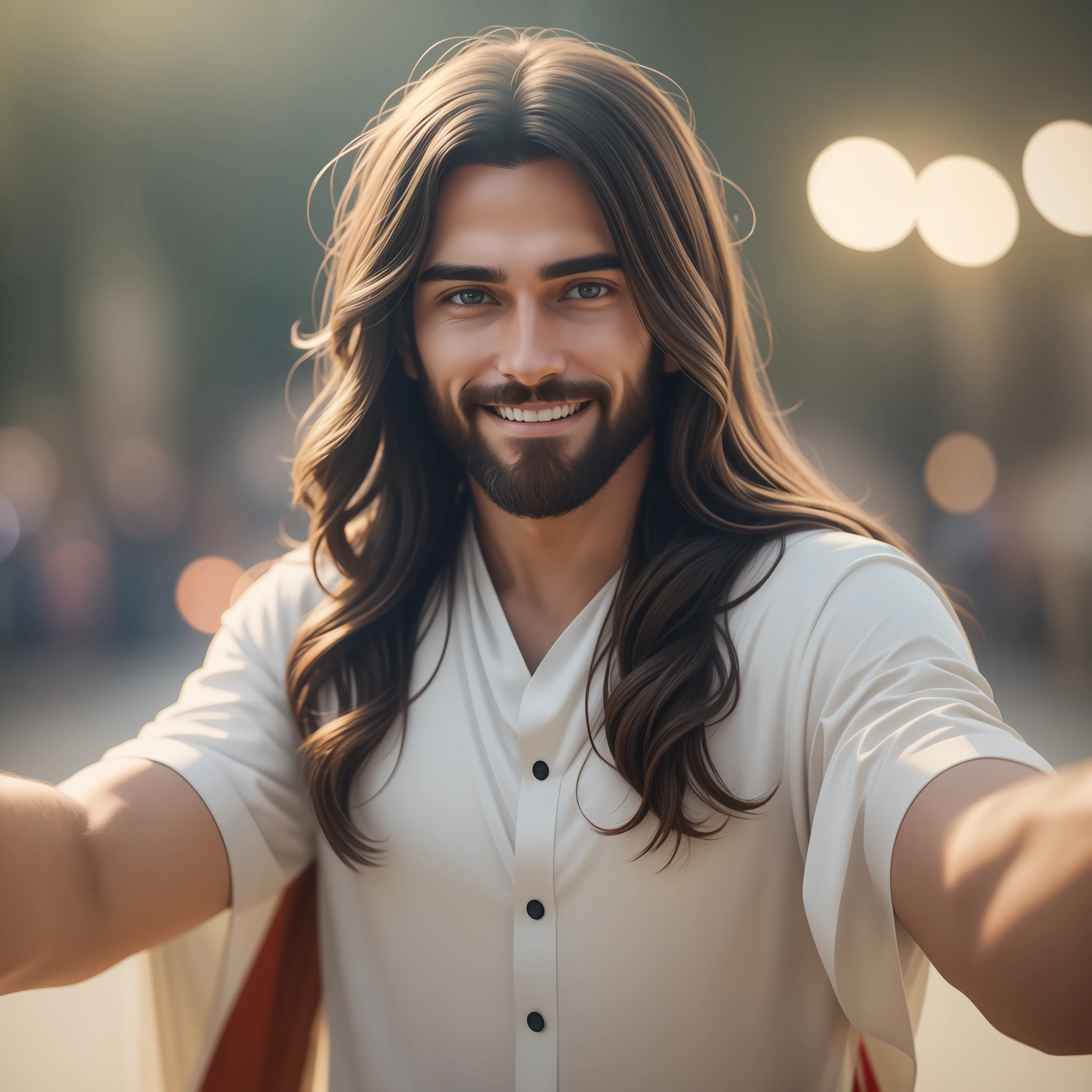 Jesus Christ taking a selfie, smiling, holding the camera, blurred background, 4k, details, cinematic light, super realistic, 8k, uhd,