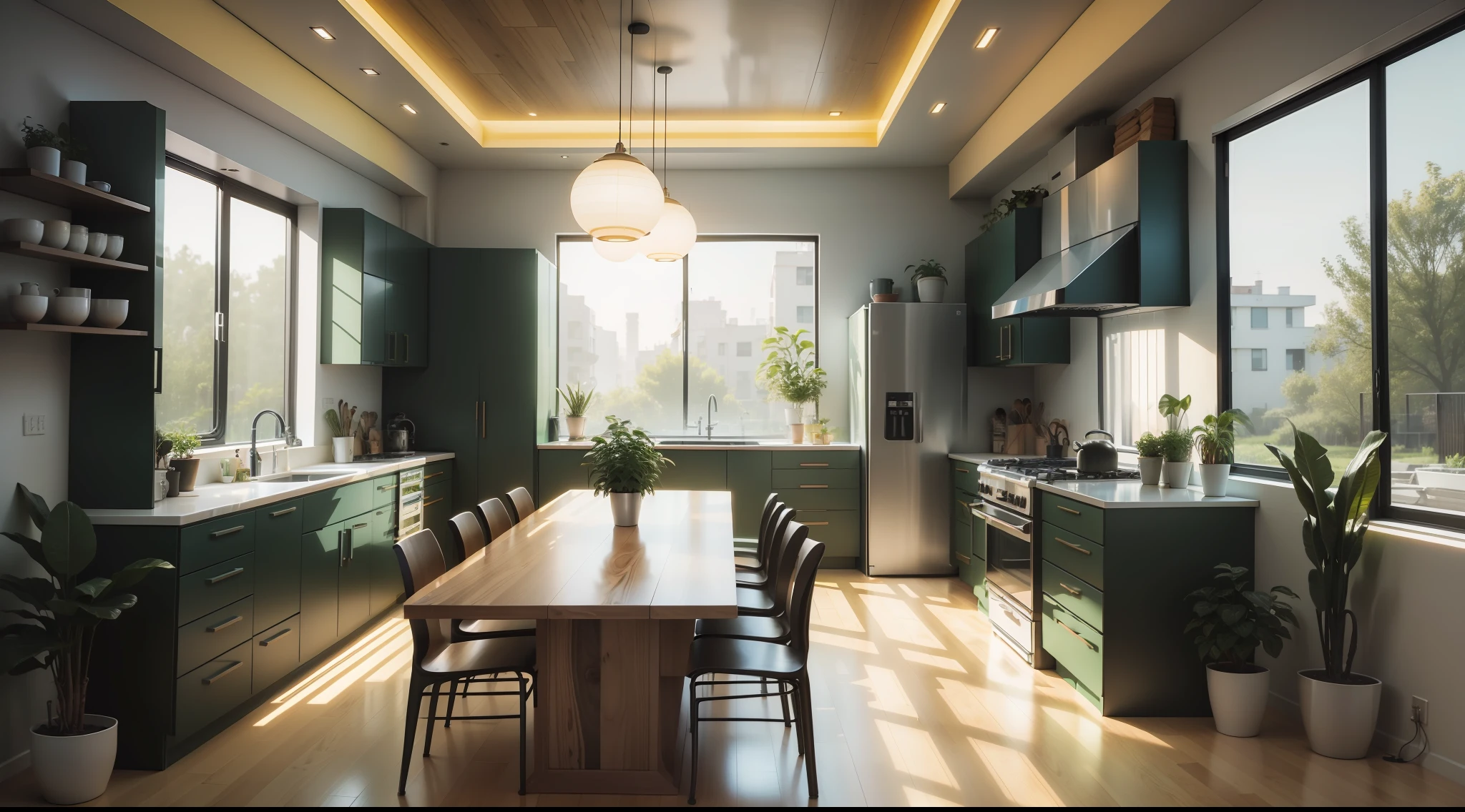 There is a kitchen with a table and chairs in it, solarpunk decoration, solarpunk apartment, solarpunk interior, solarpunk room background, solarpunk apartment, solarpunk retro apartment, sci-fi interior, solarpunk interior, solarpunk decoration, solarpunk room, bladerunner apartment, solarpunk ikea, in a solarpunk themed room, solarpunk house, solarpunk design, large solarpunk residence, many plants