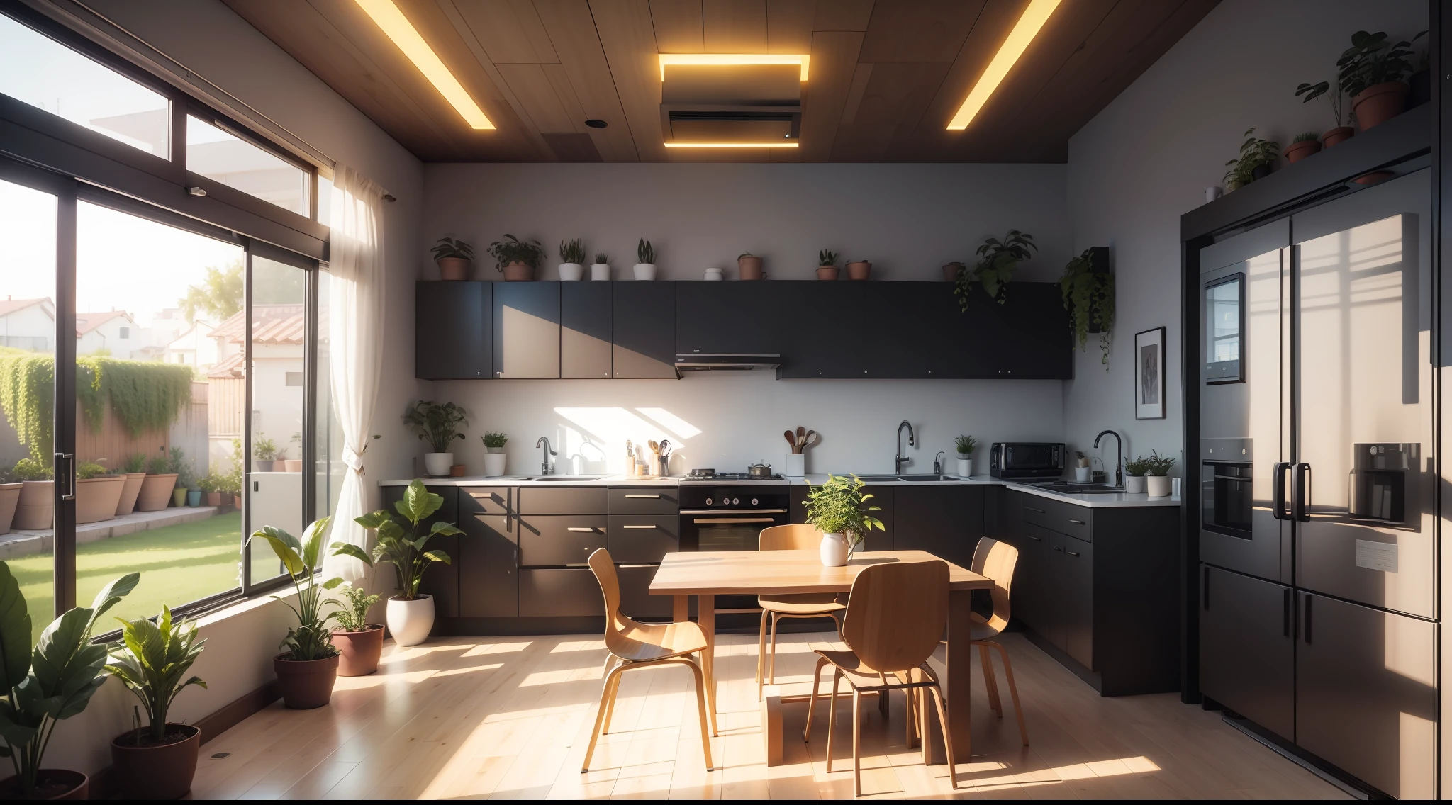 There is a kitchen with a table and chairs in it, solarpunk decoration, solarpunk apartment, solarpunk interior, solarpunk room background, solarpunk apartment, solarpunk retro apartment, sci-fi interior, solarpunk interior, solarpunk decoration, solarpunk room, bladerunner apartment, solarpunk ikea, in a solarpunk themed room, solarpunk house, solarpunk design, large solarpunk residence, many plants