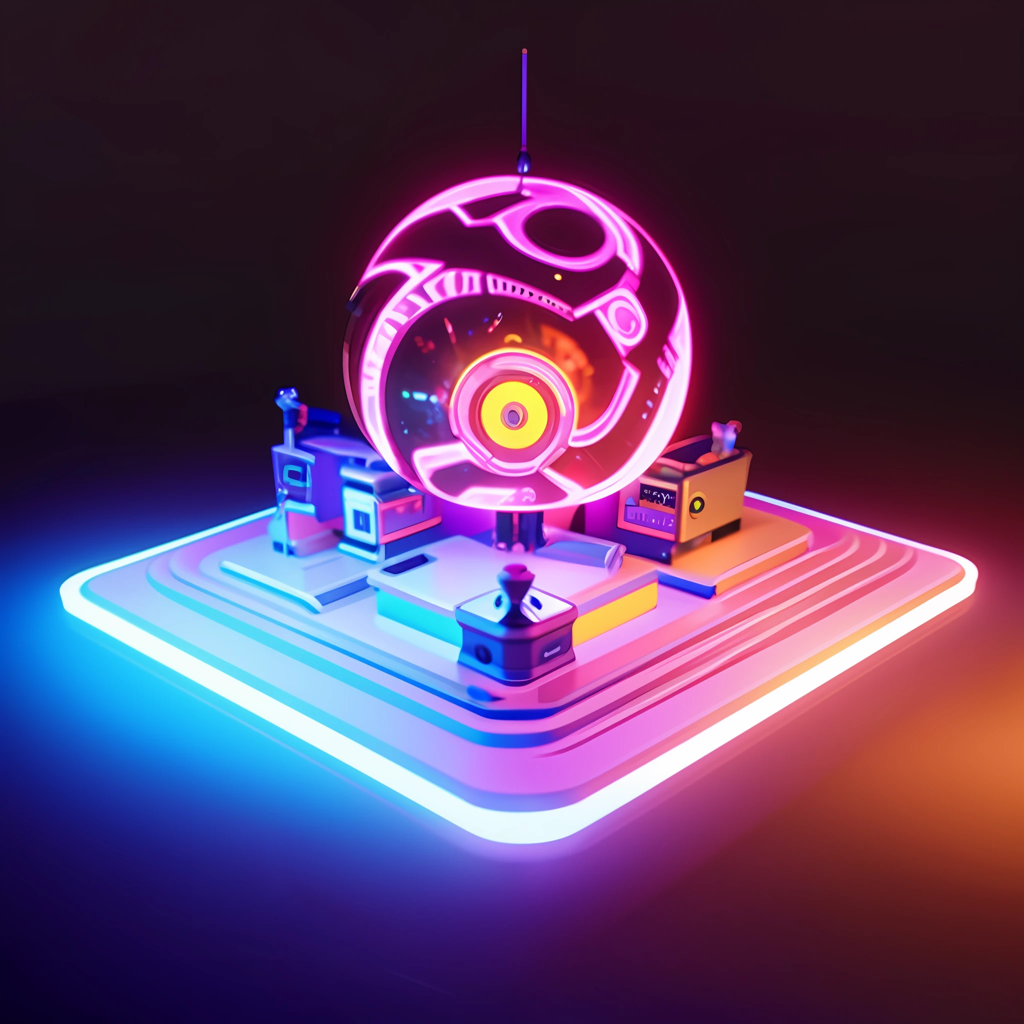 a close up of a neon lit object on a table, cinema 4d colorful render, colorful octane render, colorful vivid octane render, rendered in cinema4d, rendered in cinema 4 d, mechanical features and neon, 3 d render beeple, colorful redshift render, cinema 4 d art, cinema4d render, cinema 4 d render, cinema 4d render