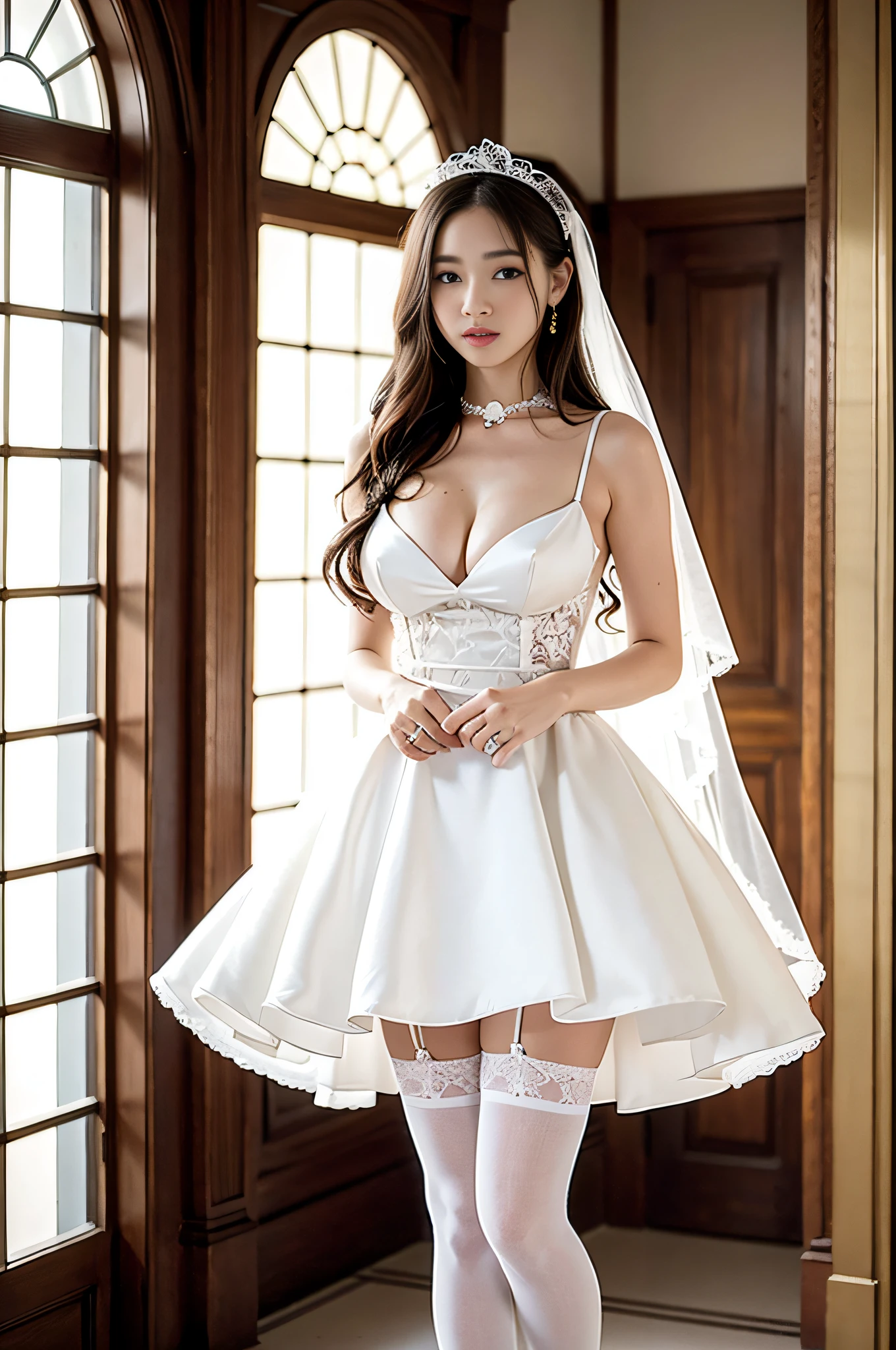 Surrealism, depth of field, chiaroscuro, ray tracing, panorama, vanishing point, first-person view, UHD, retina, textured skin, masterpiece, best quality, there is a beautiful woman in a white dress and veil posing for a photo, Portrait of Magical ta Girl, dress, beautiful Delfin, angelic pretty, white, big breasts, beautiful legs, glossy white stockings, white lace suspender stockings through the skin, full body photo, 70-200mm, wedding dress, white wedding dress, western wedding dress, tall, beautiful legs, long legs, spacious warehouse, character chasing light, model, Asian, 8K original photo, best quality, masterpiece, super high resolution, film grain, film, 1girl, random pose