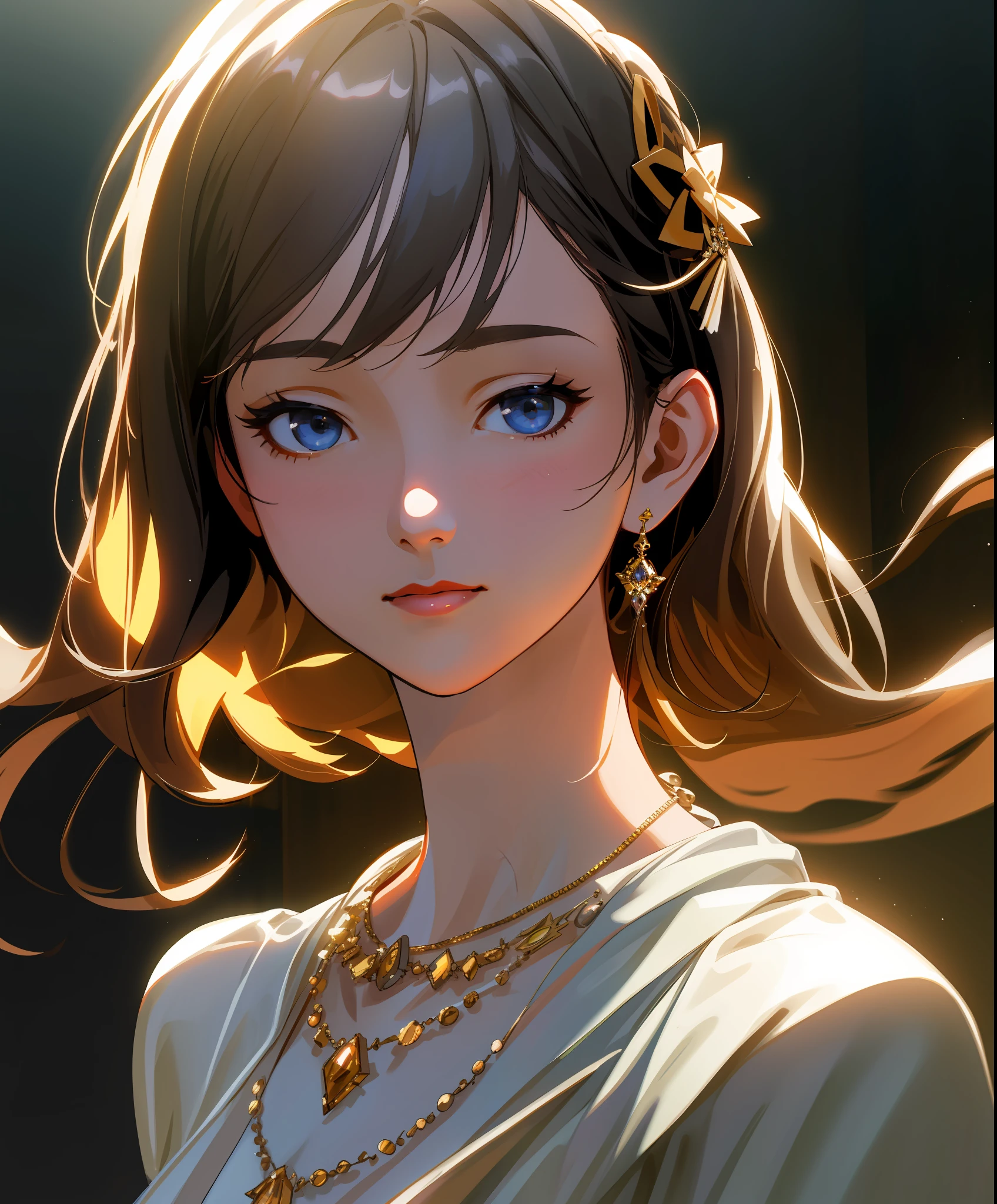 Best quality, masterpiece, high resolution, 1girl, porcelain dress, hair accessories, necklace, jewelry, beautiful face, on the body, Tyndall effect, realistic, dark studio, edge lighting, two-tone lighting, (high detail skin: 1.2), 8k UHD, dslr, soft light, high quality, volumetric light, candid, photo, high resolution, 4k, 8k, background blur,