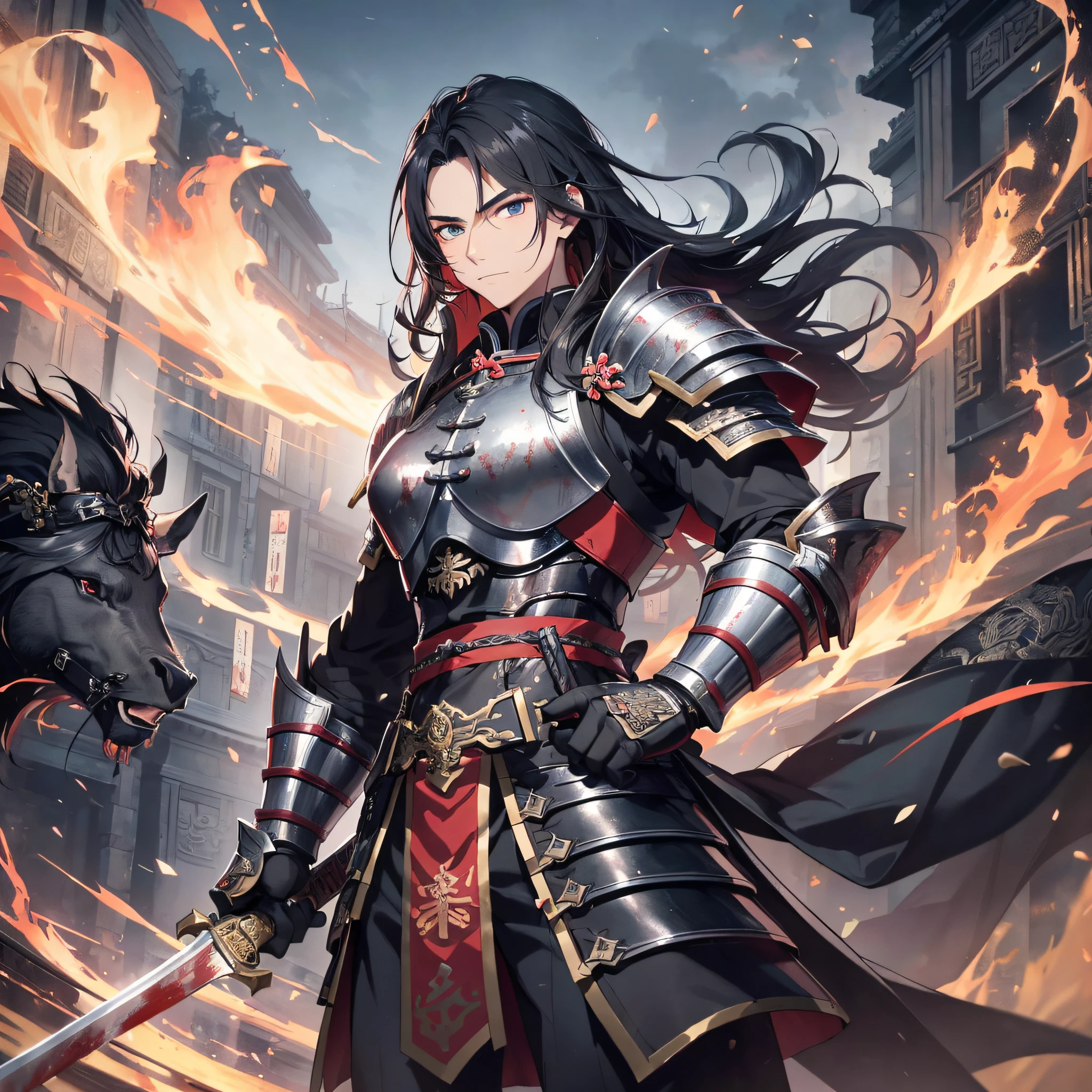 Absurd resolution, high resolution, (masterpiece: 1.4), hyperdetail, ancient Chinese, black long-haired young man (1.3), armored samurai in black armor, wielding sword, blood, fighting, standing on ancient city walls (1.3), dusk, fire