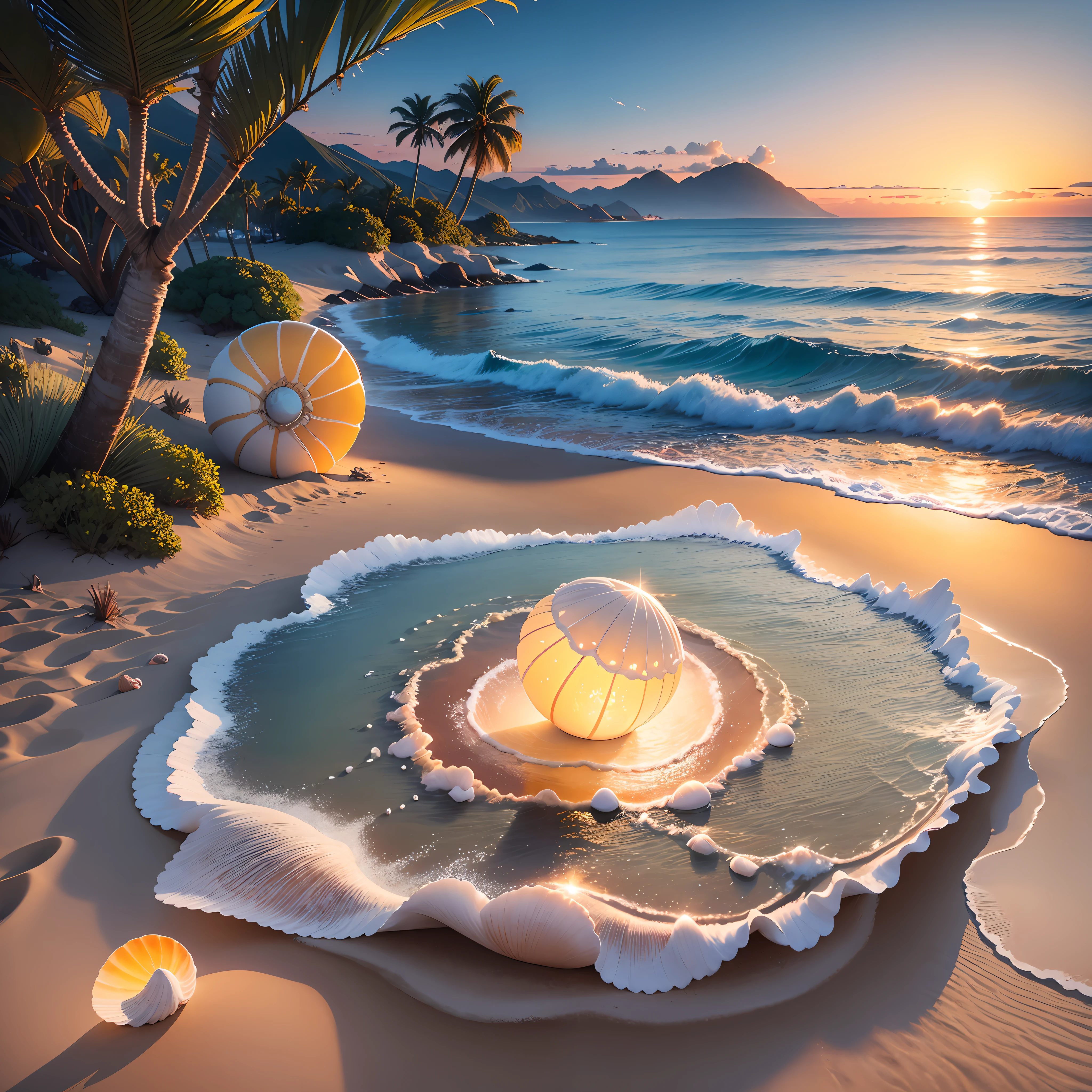 You are challenged to create a realistic image of a shell on the edge of the sea, on a beautiful beach with a lush landscape. The shell is white in color with a soft sheen and contains a delicate pearl inside. The crystal clear sea water is gently touching the shell, enveloping it with white foams and small drops of water. The sun is setting on the horizon, painting the sky with orange and gold hues, while its reflections shine on the surface of the sea. The beach is composed of fine, clear sand, decorated with shells and small waves crumbling into the sand. The surrounding landscape is lush, with coconut trees, tropical plants and distant mountains. Create an image that captures the serenity, natural beauty and harmony between the shell, the pearl, the sea and the beach, in a magical scene in the late afternoon." --auto --s2