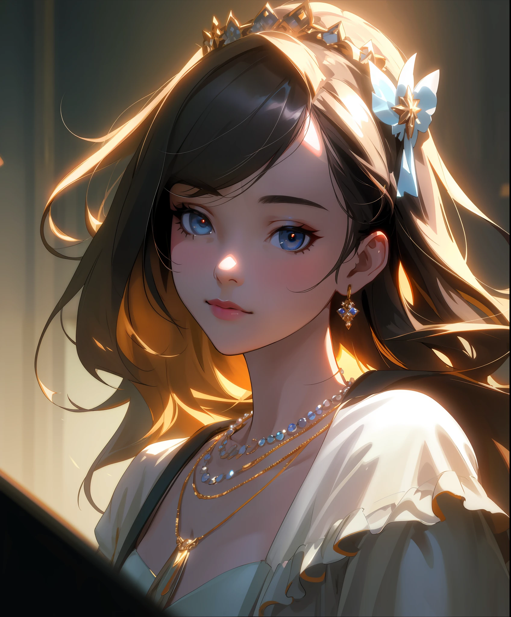 Best quality, masterpiece, high resolution, 1girl, porcelain dress, hair accessories, necklace, jewelry, beautiful face, on the body, Tyndall effect, realistic, dark studio, edge lighting, two-tone lighting, (high detail skin: 1.2), 8k UHD, dslr, soft light, high quality, volumetric light, candid, photo, high resolution, 4k, 8k, background blur,