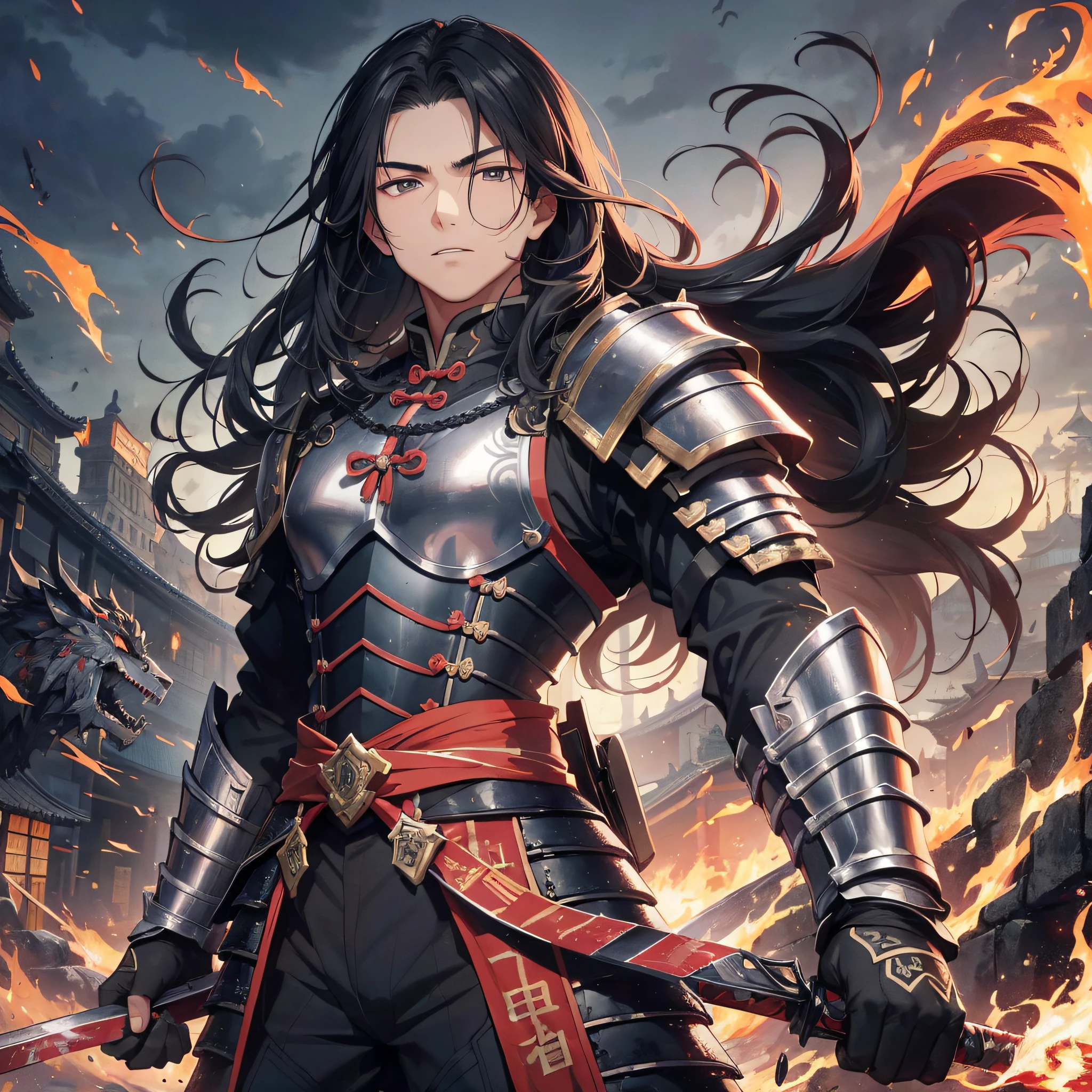 Absurd resolution, high resolution, (masterpiece: 1.4), hyperdetail, ancient Chinese, black long-haired young man (1.3), armored samurai in black armor, wielding sword, blood, fighting, standing on ancient city walls (1.3), dusk, fire