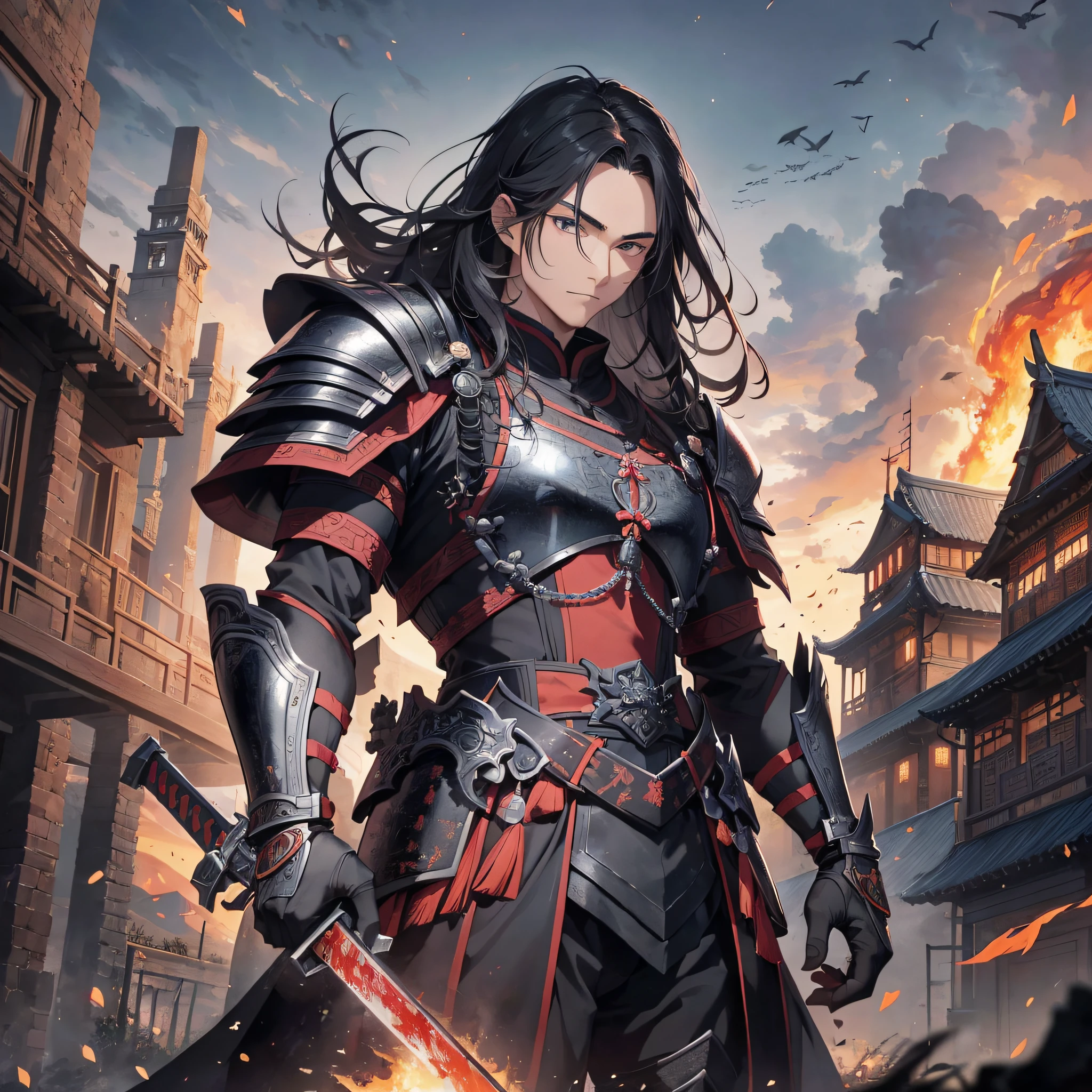 Absurd resolution, high resolution, (masterpiece: 1.4), hyperdetail, ancient Chinese, black long-haired young man (1.3), armored samurai in black armor, wielding sword, blood, fighting, standing on ancient city walls (1.3), dusk, fire