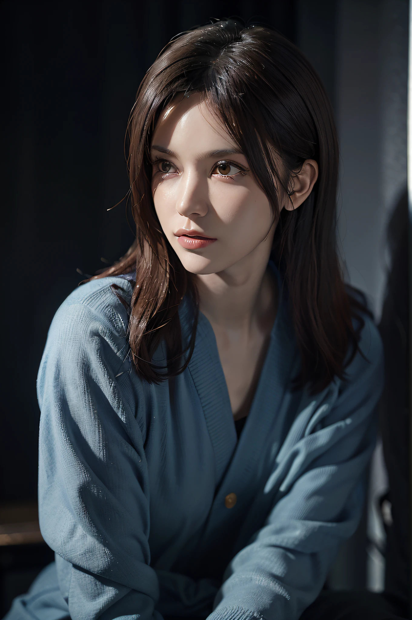 Surrealist female portraits by David Hockney and Alphonse Mucha, fantasy art, photorealism, dynamic lighting, artstation, poster, volumetric lighting, very detailed faces, 4k, award-winning, 1girl, in the dark, deep shadows, understated, denim photos, (formal wear: 1.4), long hair, danphoenix eyes, square round face.