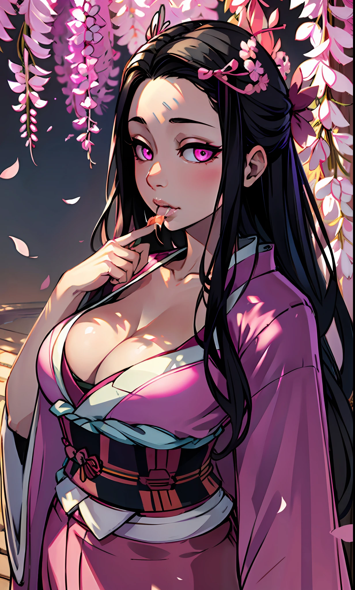 masterpiece, (pink kimono), seductive face, good lighting, cleavage, fine detail, masterpiece, glowing eyes, 1girl, black hair, sucking, nezuko kamado, wisteria background, masterpiece, best quality, pov,,