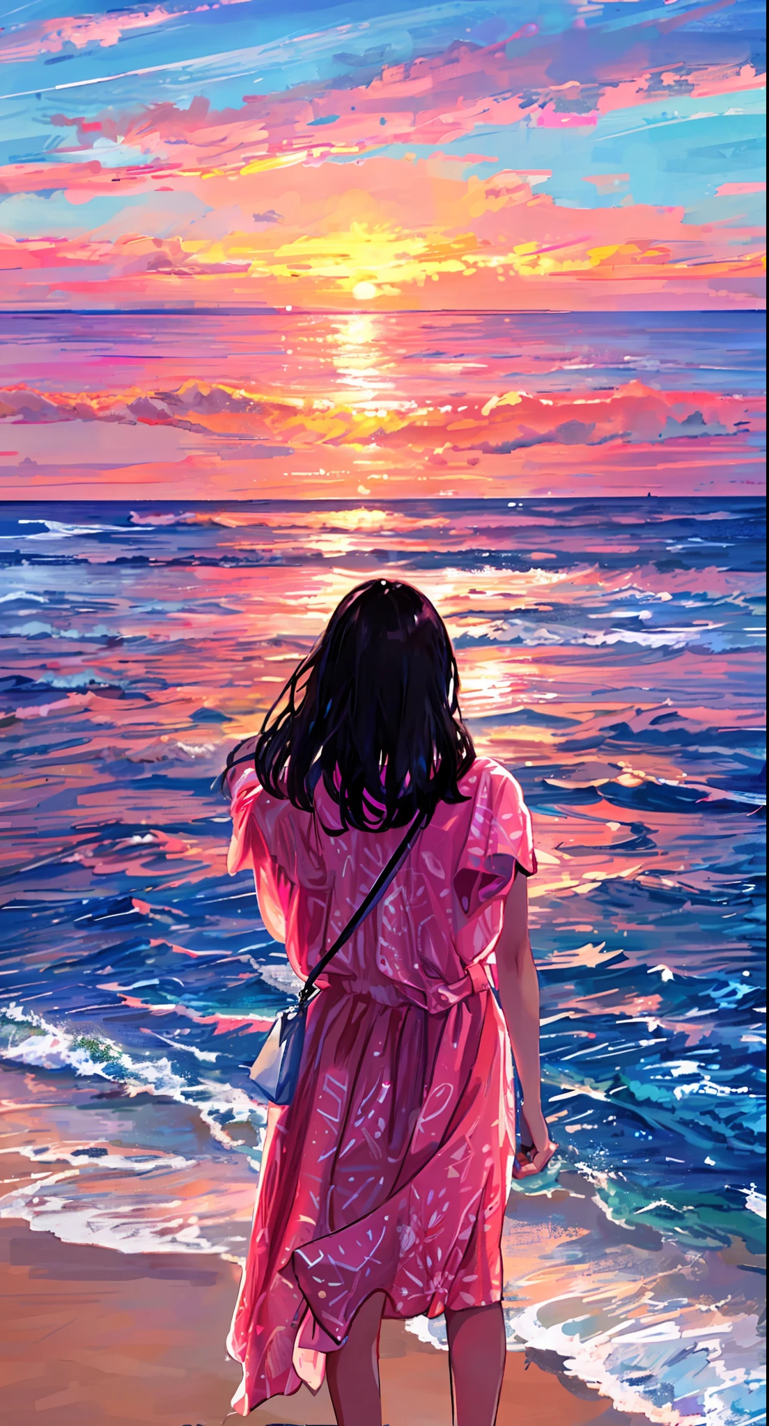 there is a little girl that is walking on the beach, girl looking at the ocean waves, looking out at a pink ocean, at the sea, standing at the beach, looking at the ocean, candid picture, standing beside the ocean, candid photo, in the beach, in a beachfront environment, at a beach, looking out at the ocean