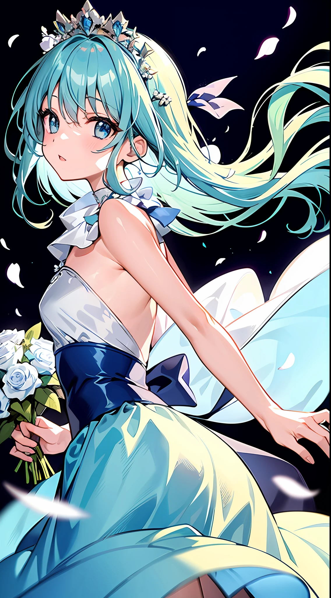 He has long blue hair, small gold headdresses on both sides, a very playful expression, and a petal-like collar. In the middle is a blue gemstone. Green bands float from behind, and a teal dress dances in the wind. Elegant and noble girl, dressed very gorgeously, cold light blue hair with a large bouquet of white roses. A white transparent scarf surrounds the girl. A light blue skirt with a dark blue ribbon tied around the waist and layers of ruffles along the hem.