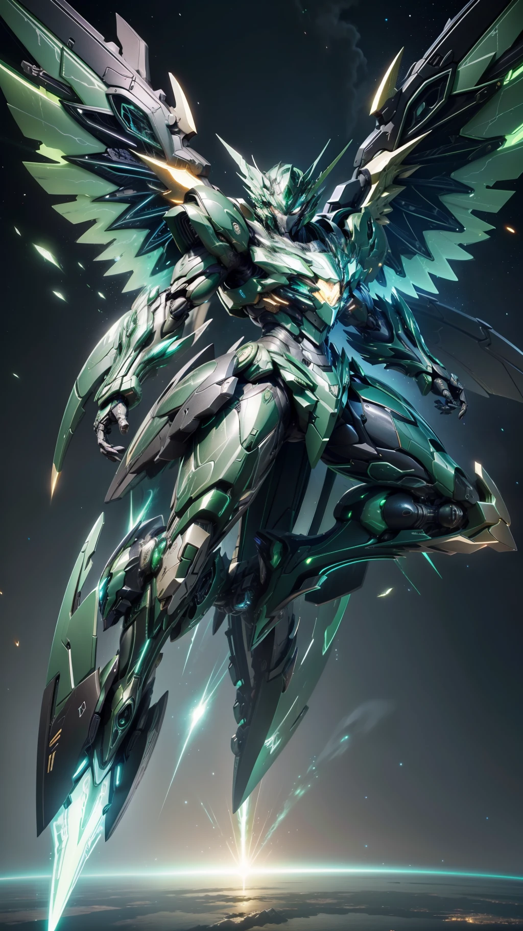 Gorgeous mecha soaring in the air, gorgeous, big wings, dark green, complex mechanical design, (Mechanical style), (Detailed details), full body image, mechanical style, (streamlined appearance design), particle effects, realistic effects, glow, cosmic background, 1080P
