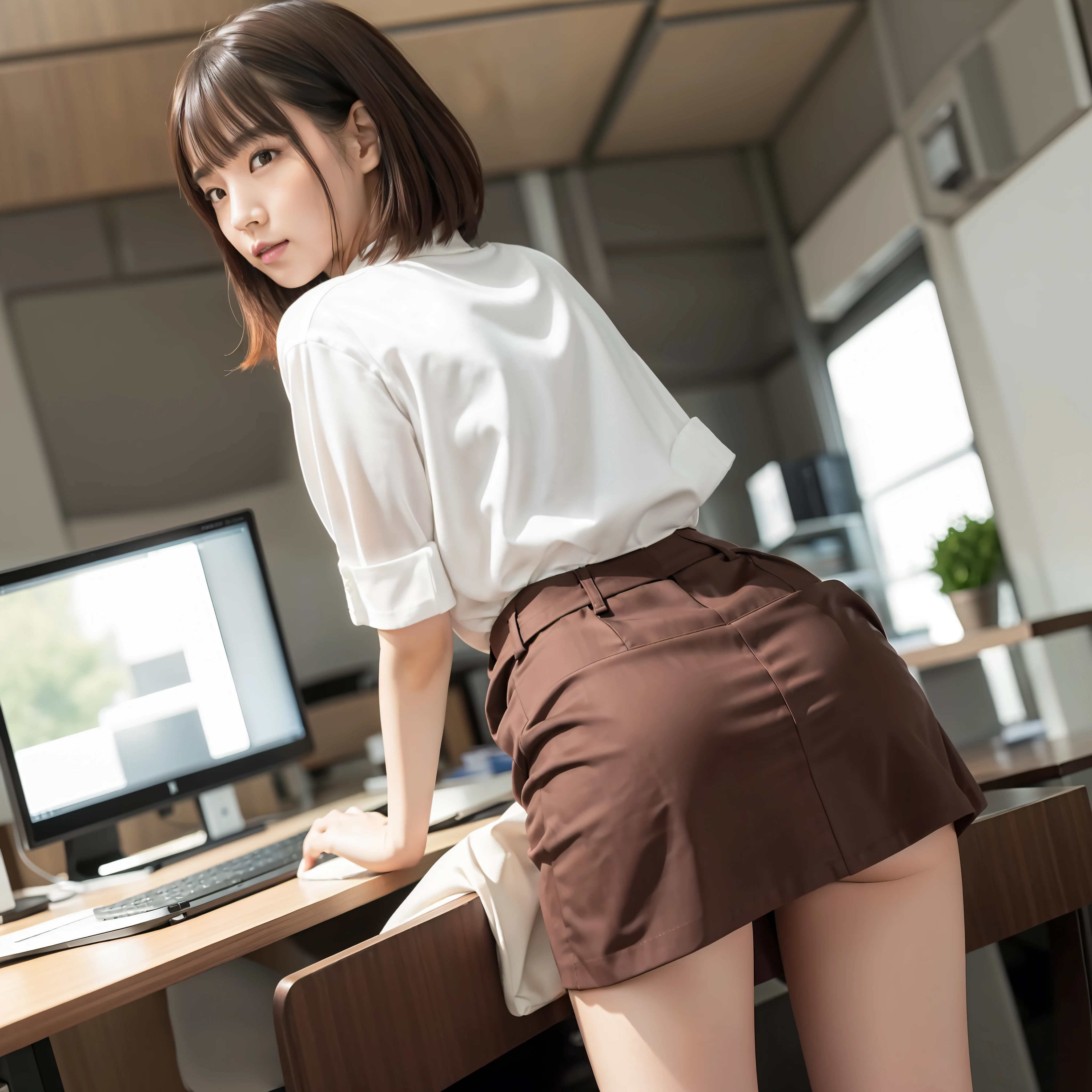 (Best Quality, 8k, 32k, Masterpiece, UHD: 1.2), 1 girl, beautiful Japan woman, constricted waist, office lady, office lady, from behind, office, desk, computer, butt sticking out, brown hair, bob hair, sagging eyes, embarrassing, embarrassing, white shirt, black tight skirt