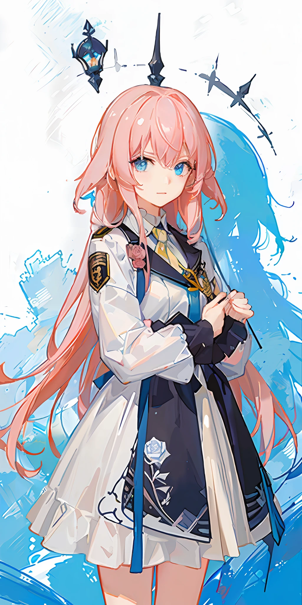 (Golden Ratio: 1.2), (Rose Graffiti: 1.2), (Fault Color: 1.3) Masterpiece, Girl, Pink Hair, Long Hair, Bandage, Greatsword, Badge, Cute