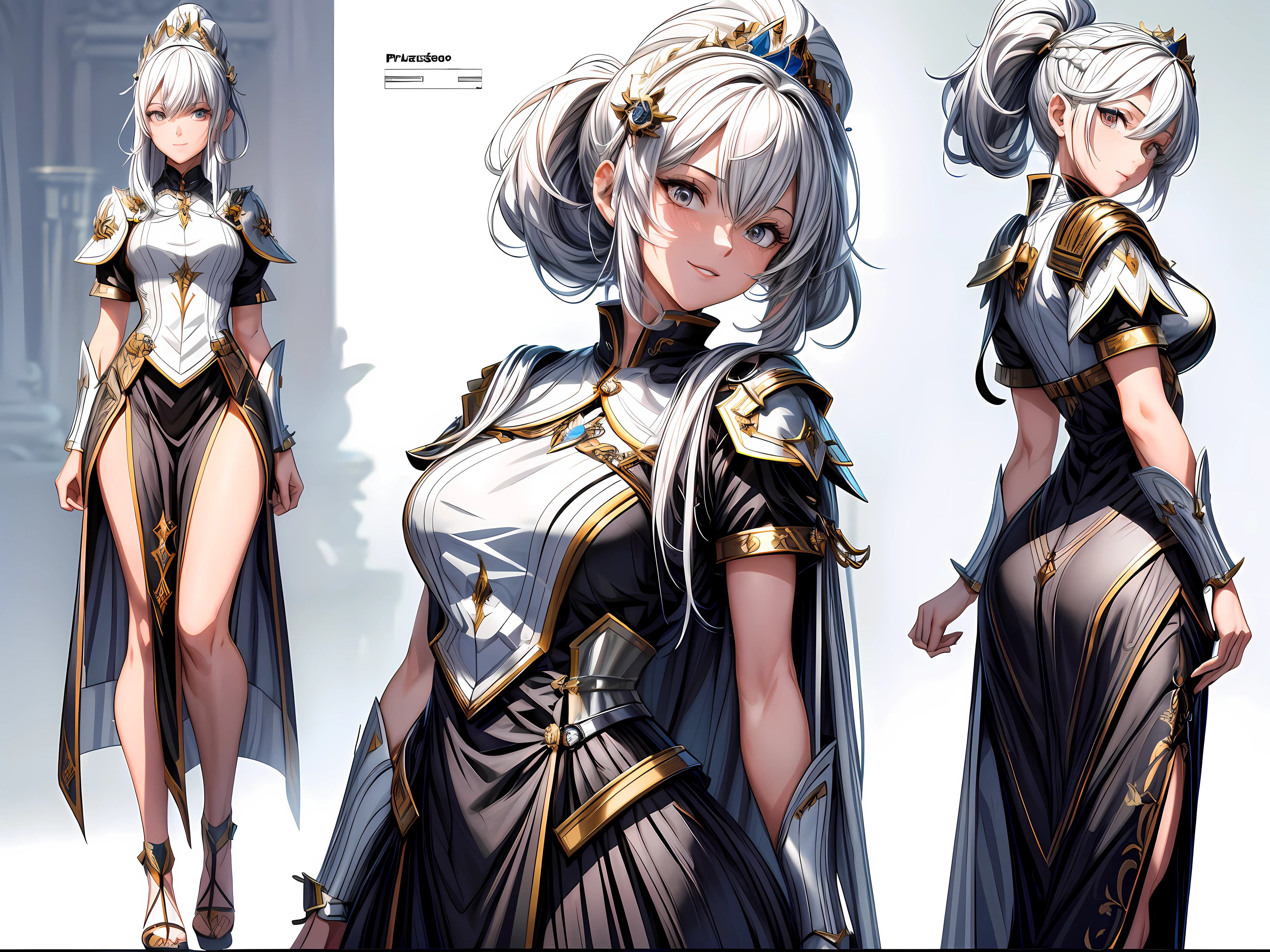 (masterpiece), ultra detailed, 8k, ((A character sheet:1.4)) or reference sketch of a long hair girl she is a priest with her holy armor suit ad she has black ponytail hair, ultra realistic and sharp detail and intricate, intricate details, and style, simple background illustration, white flat background,she smiling