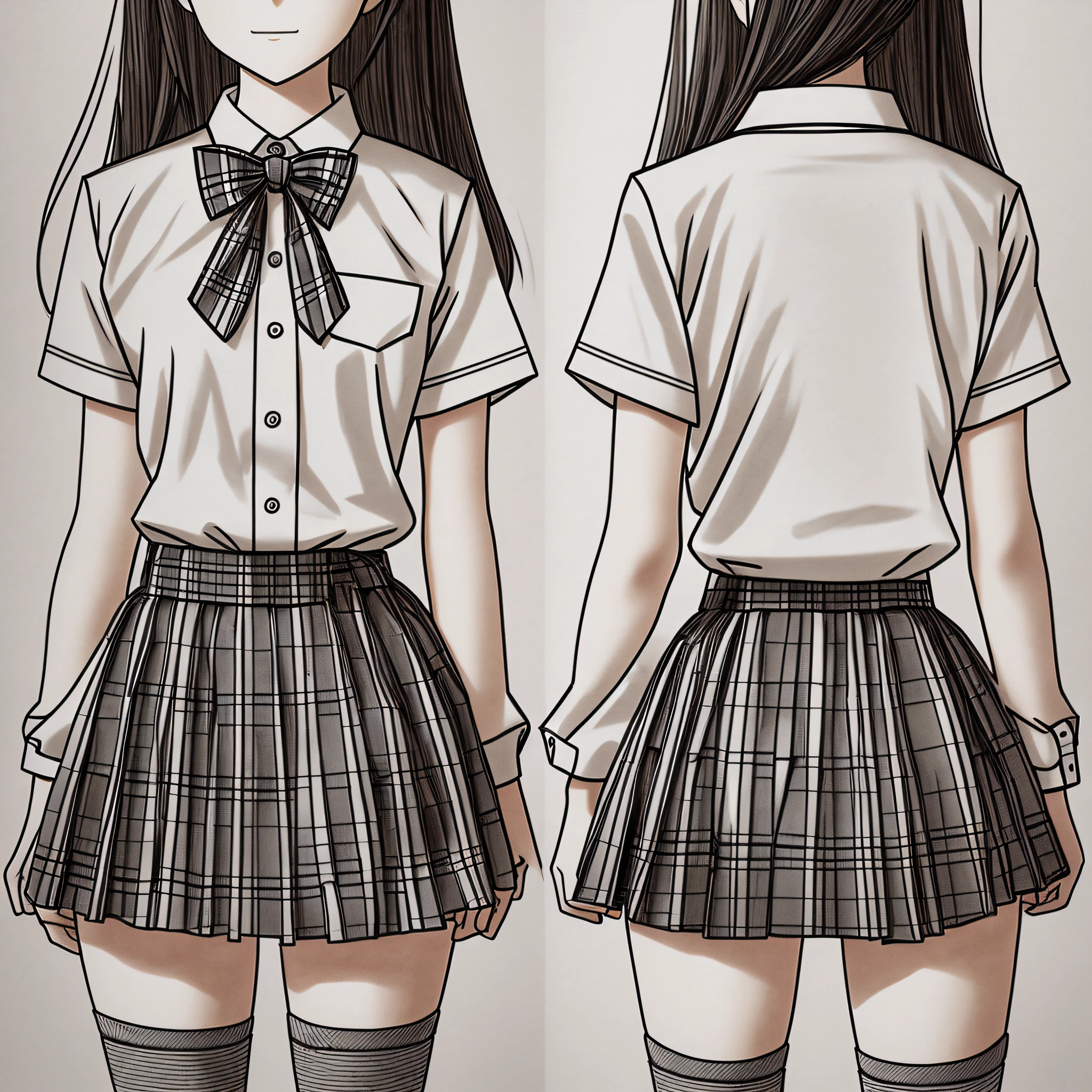 4K, Japanese high school uniform design drawing, shirt, plaid skirt, bow tie, over-the-knee socks, front and back, flat view, line drawing, designer work