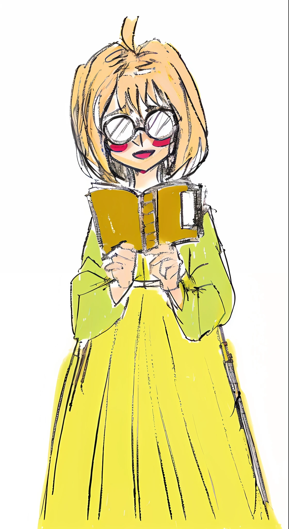 a drawing of a woman in a yellow dress holding a book, holding a book, by Oka Yasutomo, holding spell book, by Naka Bokunen, reading a book, reading new book, librarian, colored sketch, with yellow cloths, holding books, took on ipad, as an anime character, in an anime style, by Kamisaka Sekka --auto --s2