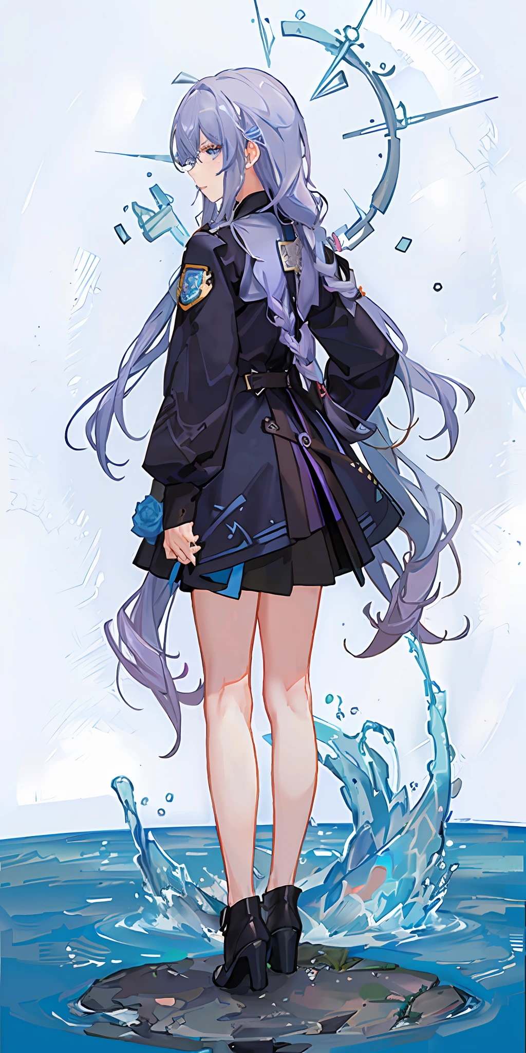 (Golden ratio: 1.2), (Rose graffiti: 1.2), (fault color: 1.3) Masterpiece, girl, purple hair, cyan eyes, long hair, badge, high cold