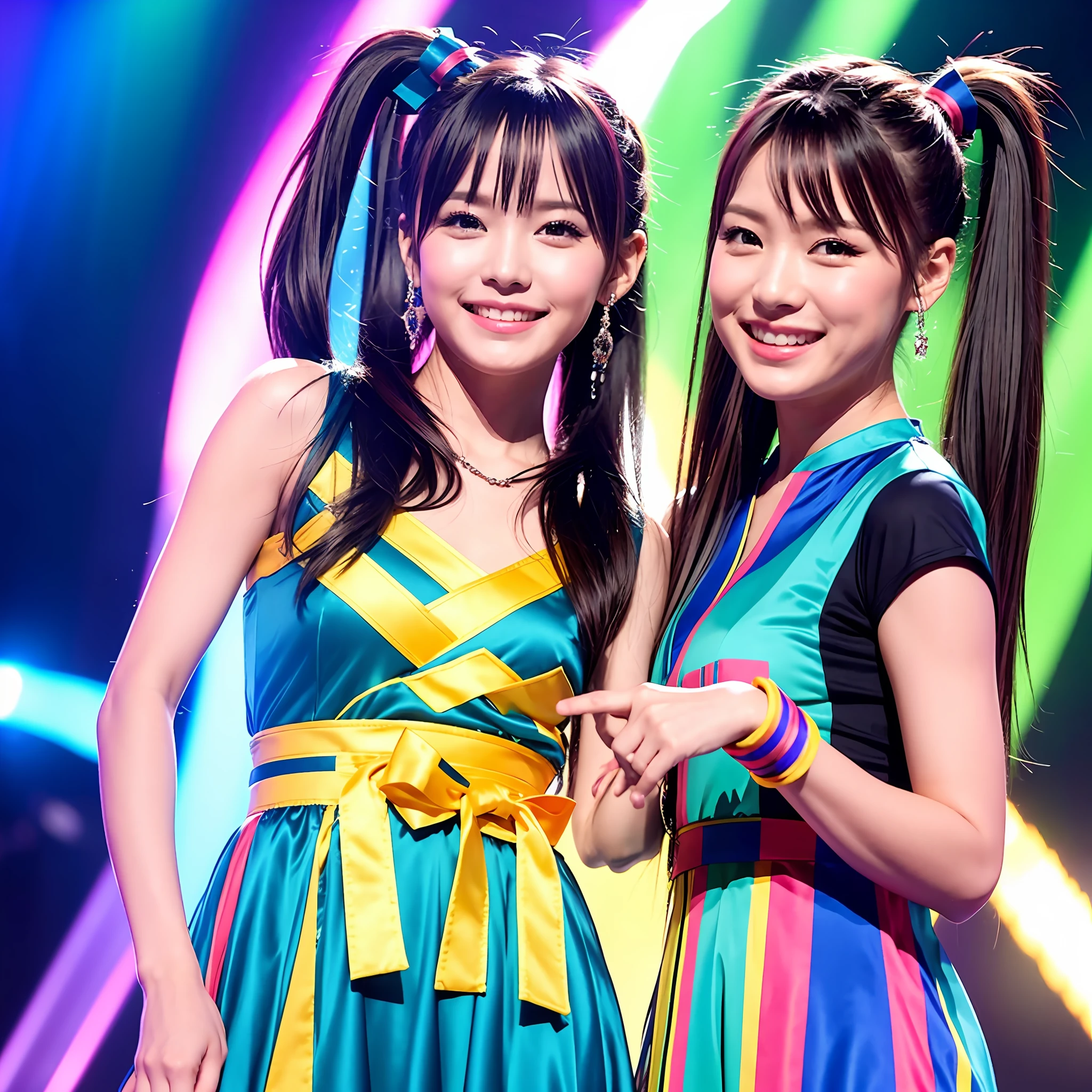 "Idol: 1.2, high quality, realistic, one girl with a cute moe face, "ribbon ponytail", bright eyes, smile, colorful costumes, stage lighting"
