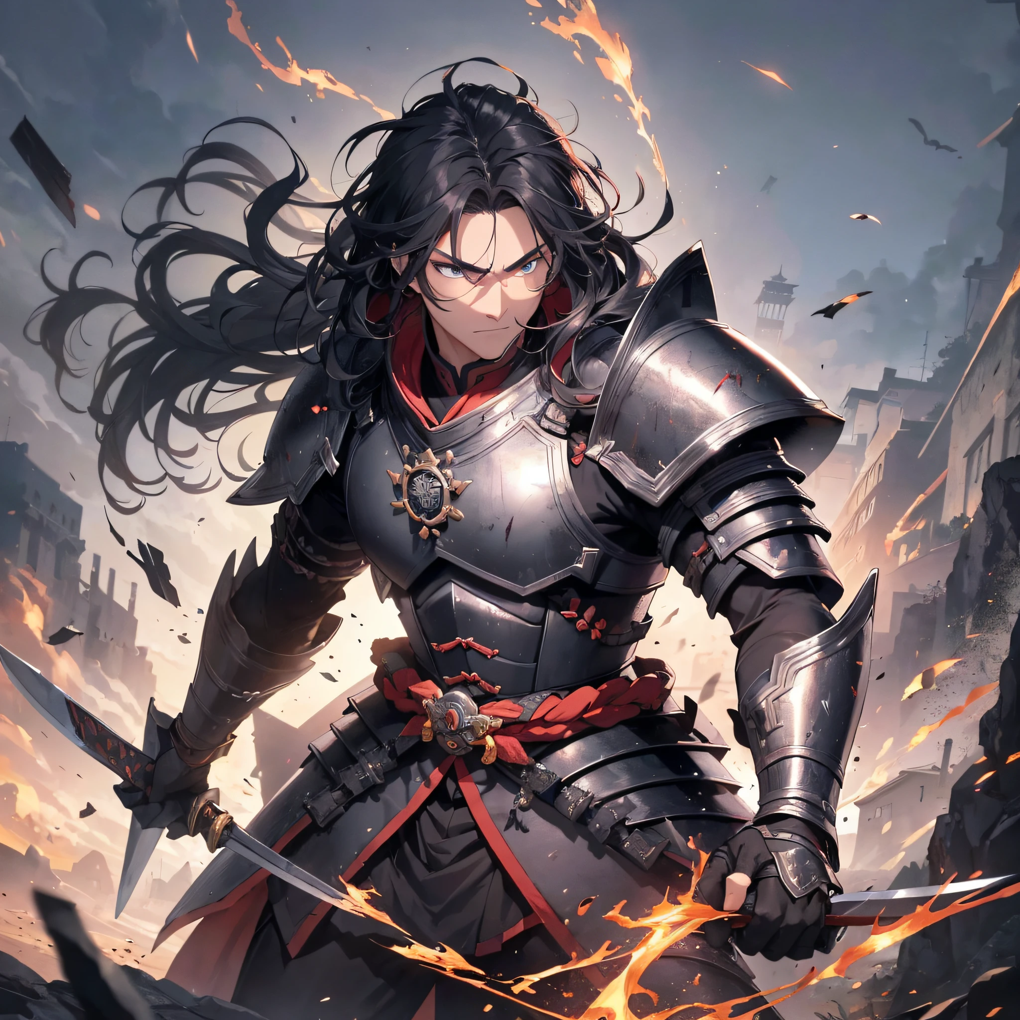 Absurd resolution, high resolution, (masterpiece: 1.4), hyperdetail, ancient Chinese, black long-haired young man (1.3), armored samurai in black armor, wielding sword, blood, fighting, standing on ancient city walls (1.3), dusk, fire