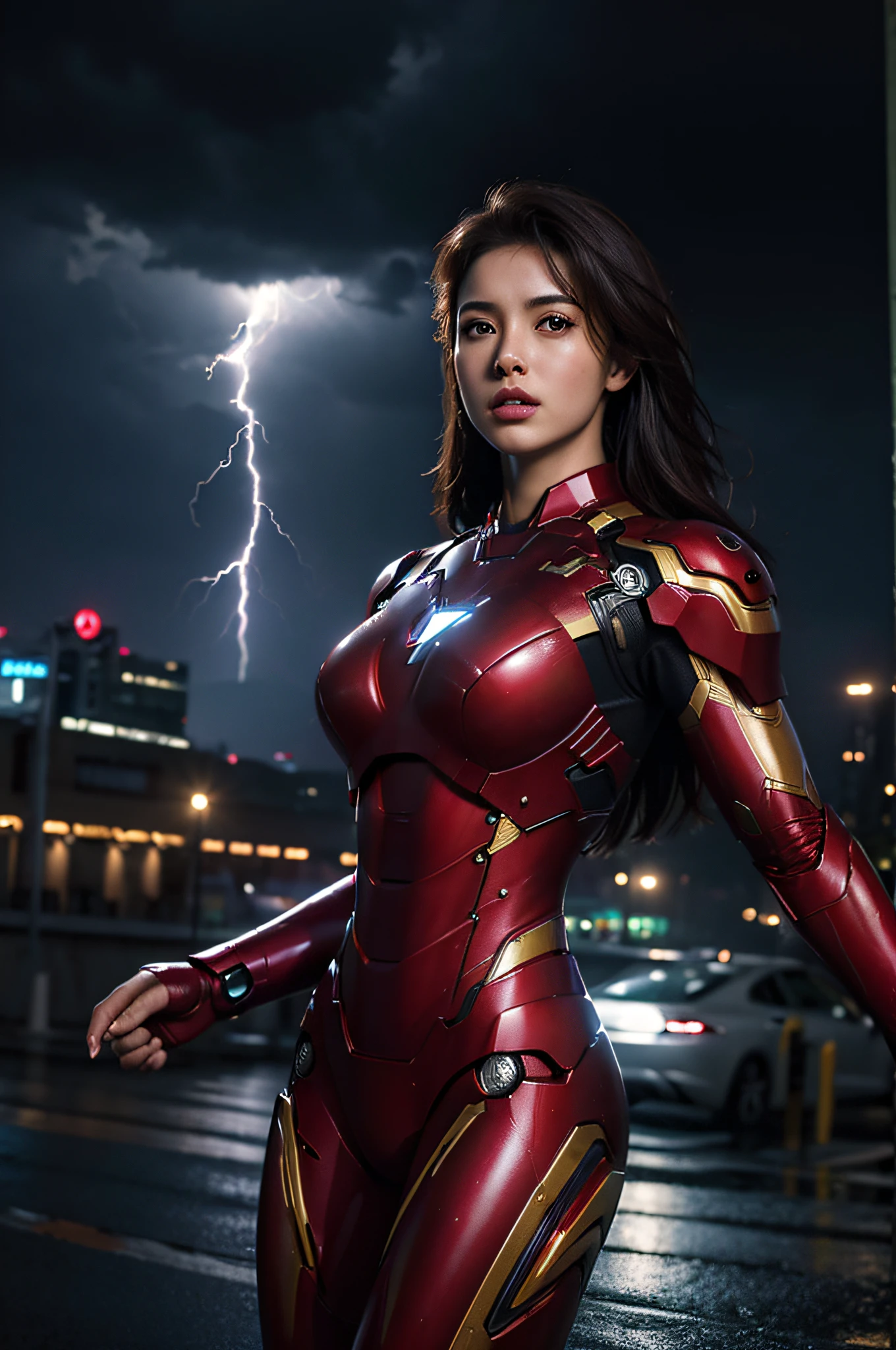 Top Quality, Masterpiece, (Photorealistic:2), Ultra Definition, Ultra Realistic, 1girl, Pretty Face, (Big: 1.5), Iron Man Suit with Open Chest, Dark Brown Shoot Hair, (Slim Body),Full Shot, Standing Pose, Looking at the Sky, Trying to Jump Out, Night, Urban, Rain, Cyberpunk Atmosphere, Dark Scene, Dark Atmosphere, Bright Neon, Fog, Cloudy, ((lightning)), detailed background